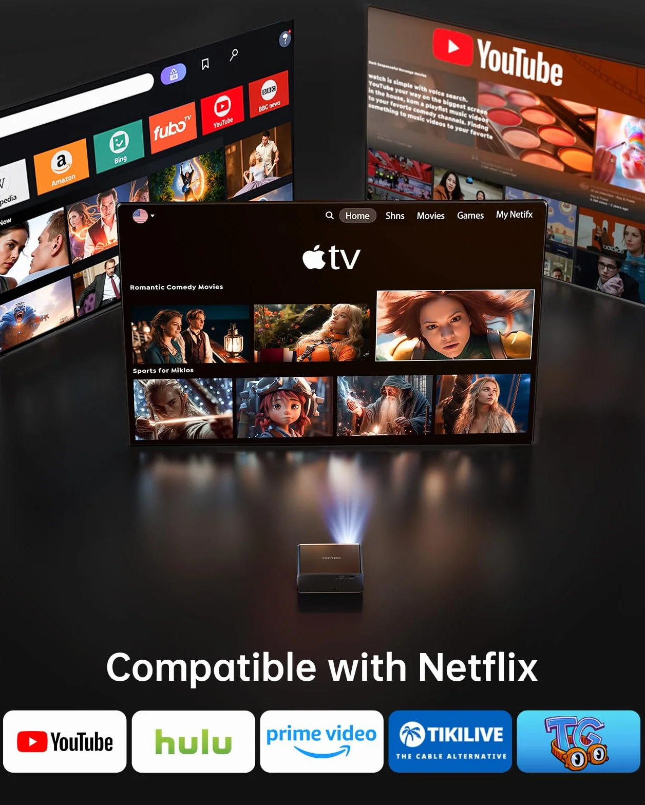 TOPTRO A1 Proiettore 4K 1000 ANSI WiFi 6 Bluetooth 5.3 Portatile Smart Home Theater
