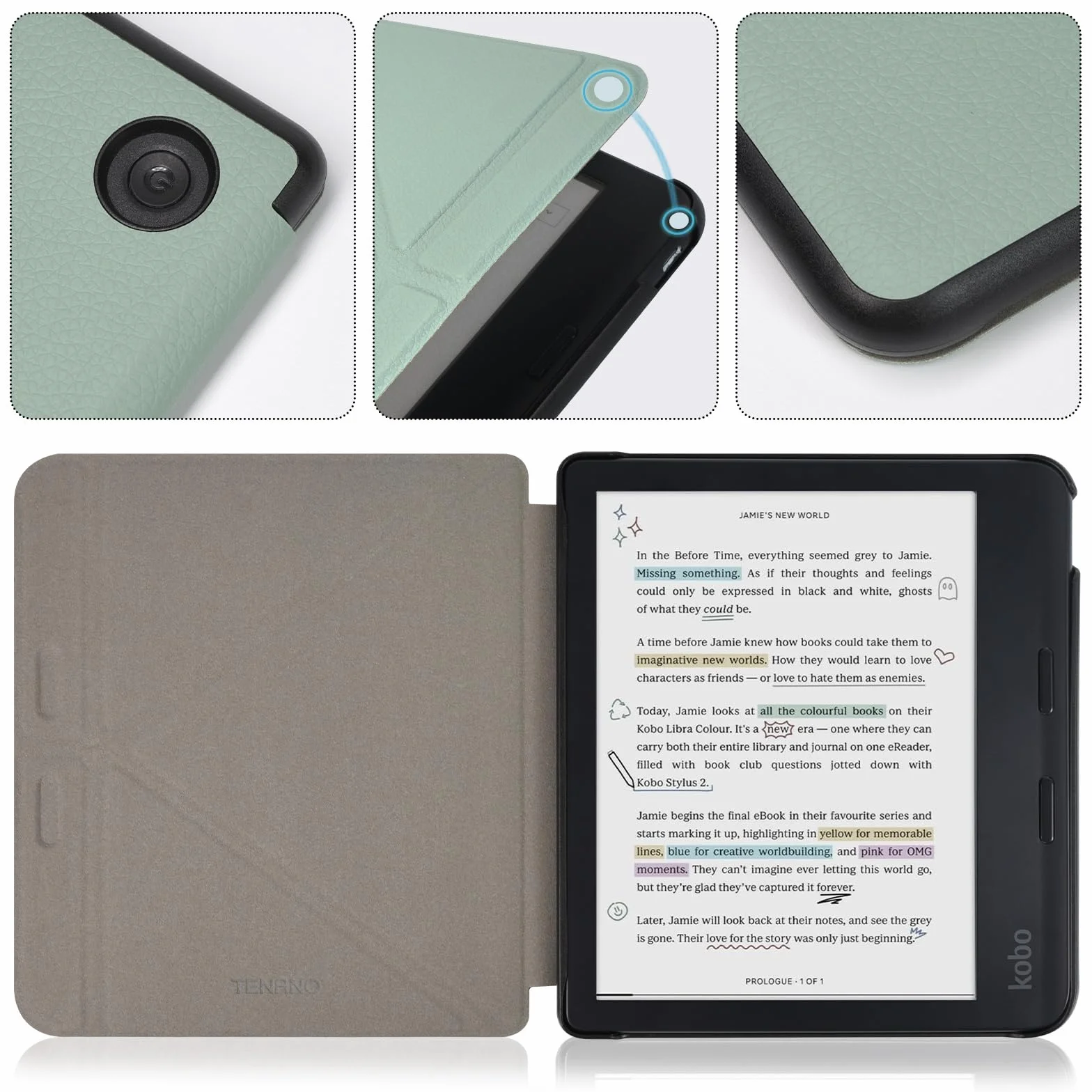 RSAquar Custodia Kobo Libra Colour Tolino Vision Colour 2024 Copertura Pieghevole Risveglio Automatico Verde Agave