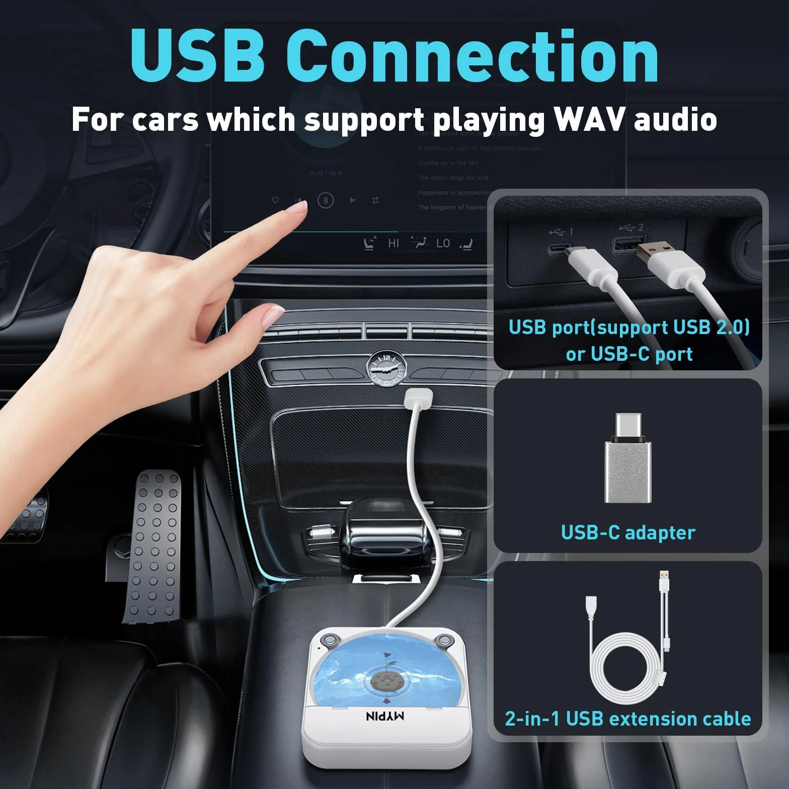 Lettore CD Portatile per Auto Porta USB AUX Compatibile Autoradio Laptop TV CD-MP3 CD-RW CD-R