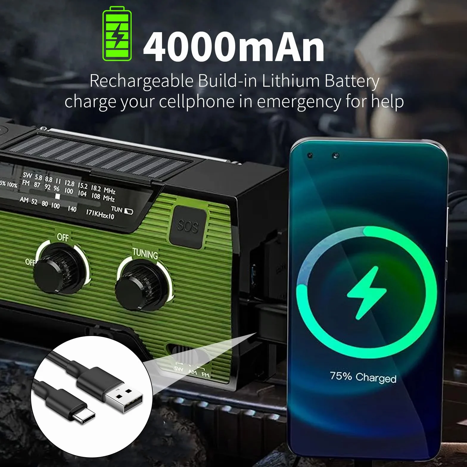 SOLARBABY Radio solare di emergenza con manovella, torcia LED, allarme SOS, AM/FM, batteria 4000 mAh, ricarica smartphone (Verde)