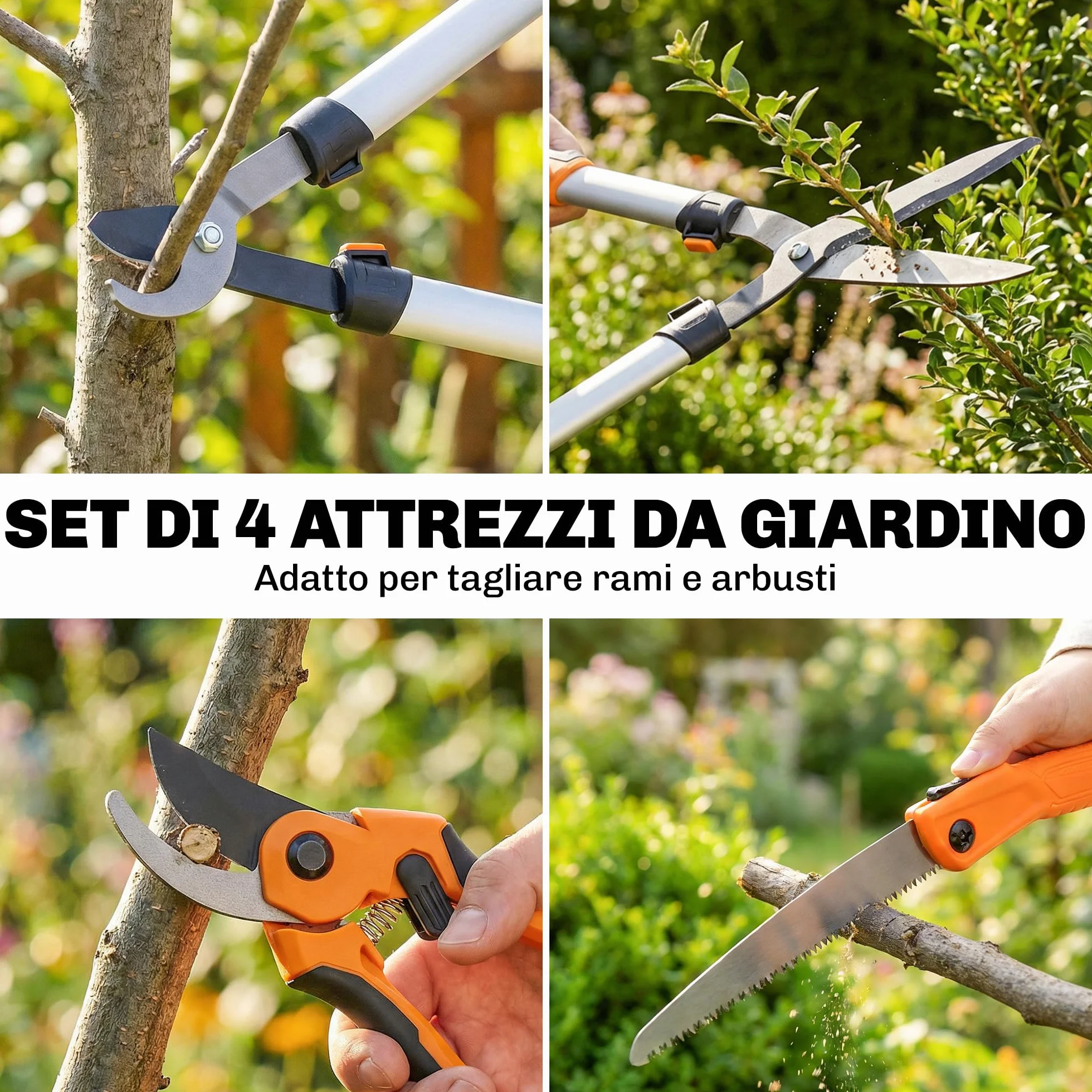 Outsunny Set da Giardinaggio 4 Pezzi Cesoie Troncarami Forbici Potatura Seghetto Pieghevole Lame Affilate Manico Alluminio