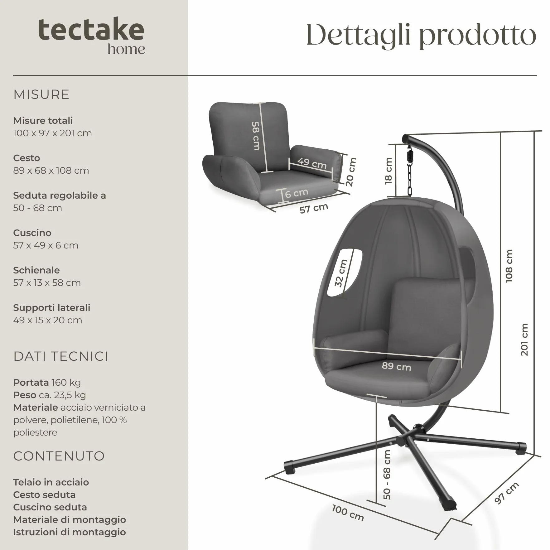 tectake® Poltrona Sospesa con Cuscino Spesso, Sedia Sospesa da Giardino Soggiorno e Terrazza, Schienale e Braccioli Imbottiti, Resistente alle Intemperie, Cover Protettiva, MAX 160 kg - Antracite