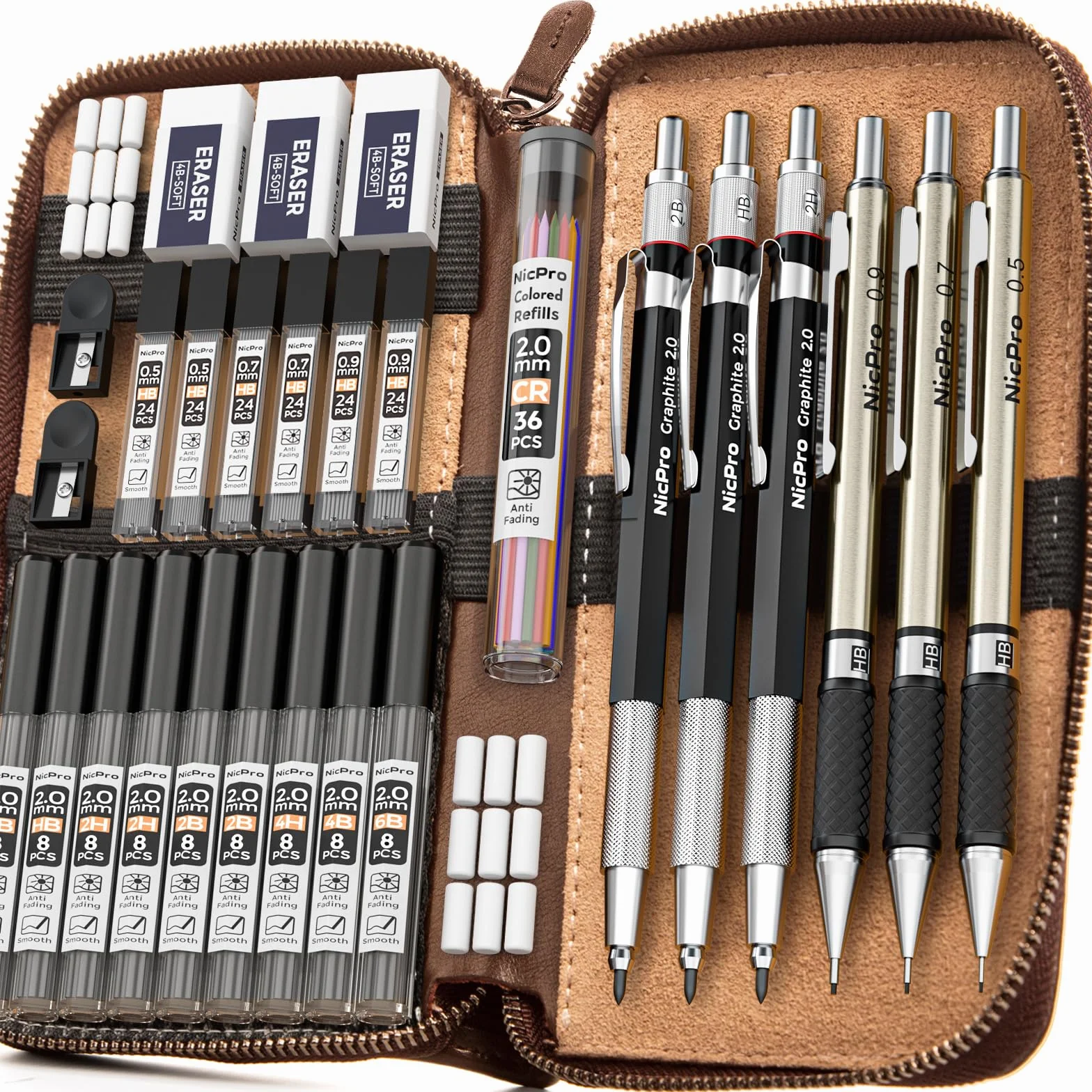 Nicpro 30 Pezzi Portamine Metallo Set con Custodia Pelle 0,5 0,7 0,9 2mm per Disegno Scrittura