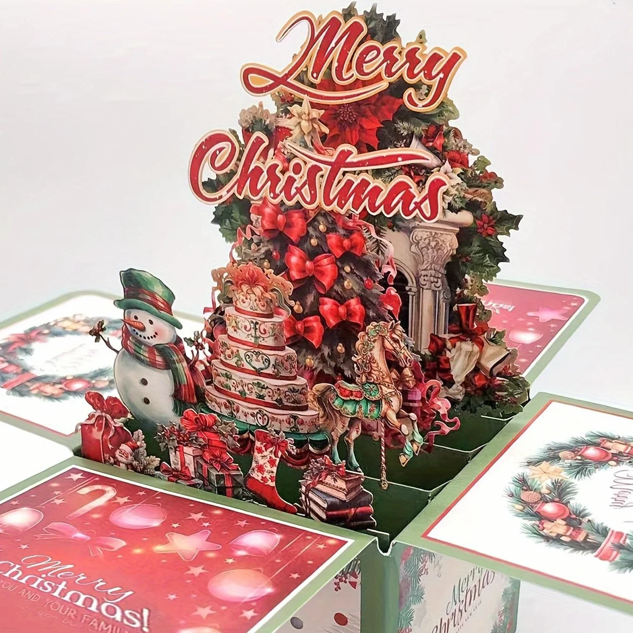Biglietto Auguri Natale Pop-Up 3D con Albero e Pupazzo di Neve, Busta Inclusa