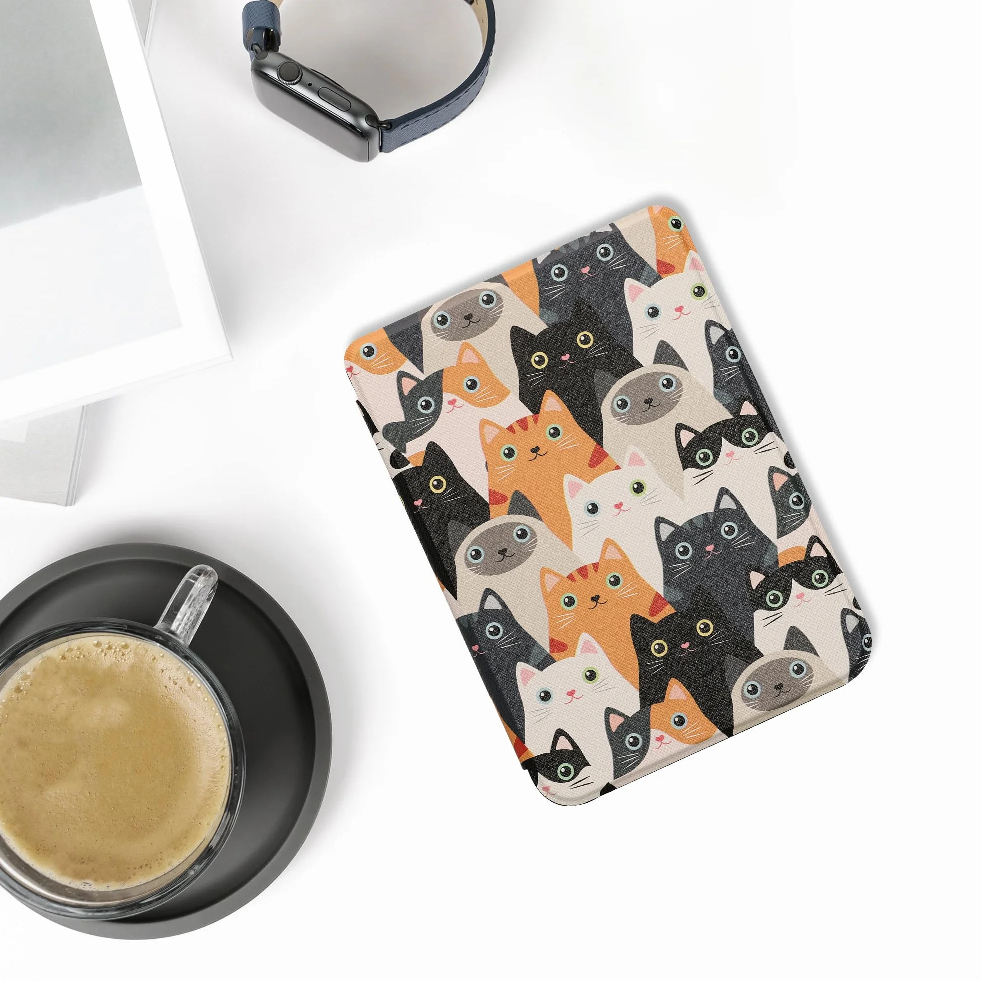 kwmobile Custodia eReader Kobo Clara BW/Colour Cover Flip Case arancione/nero/bianco Gatti