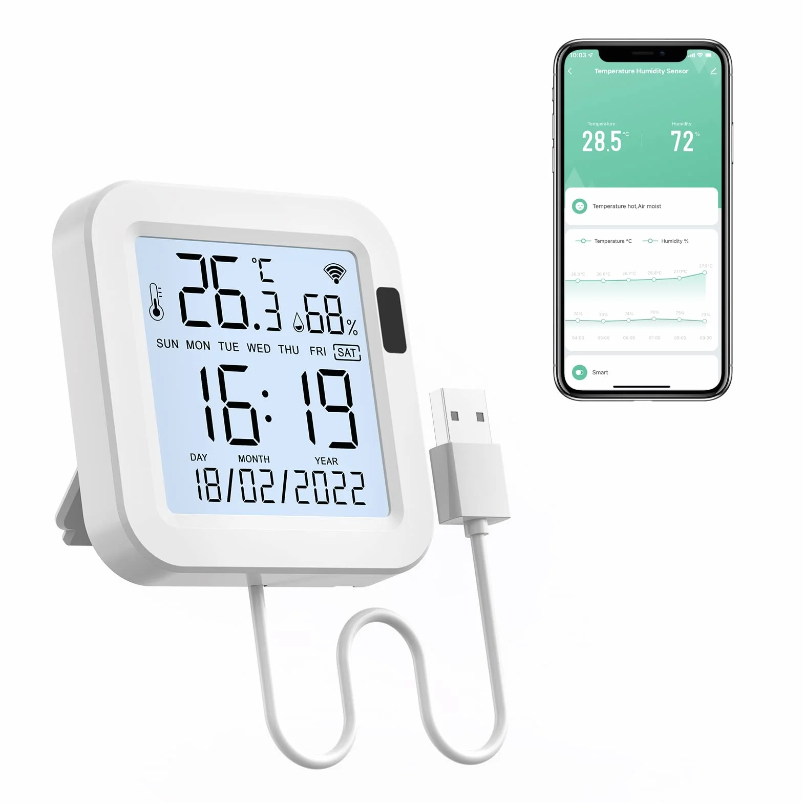 Termometro Igrometro Ambiente WiFi Interno, Tuya Termometro Digitale Sensore Temperatura con Schermo Retroilluminato Registrazione Dati, Termometro Casa Misuratore Umidità Ambiente (8cm*8cm)