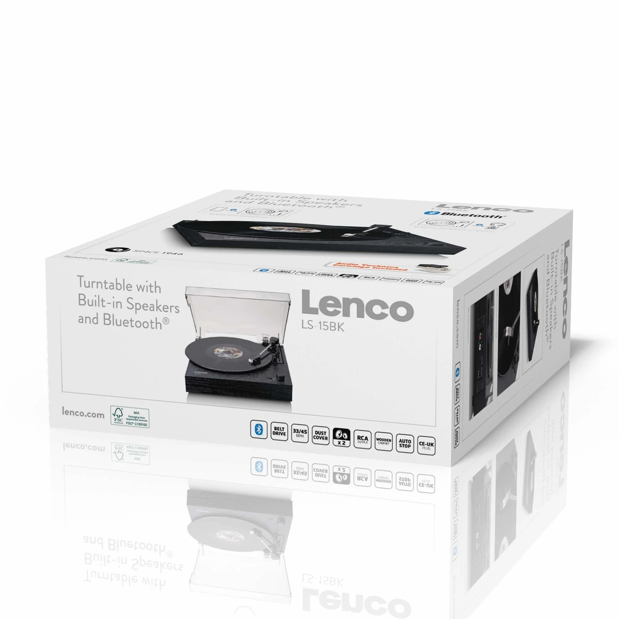 Lenco LS-15BK Giradischi Bluetooth 2 Altoparlanti Integrati Pickup AT3600L Cinghia Auto-Stop 33/45 Giri AUX RCA Nero