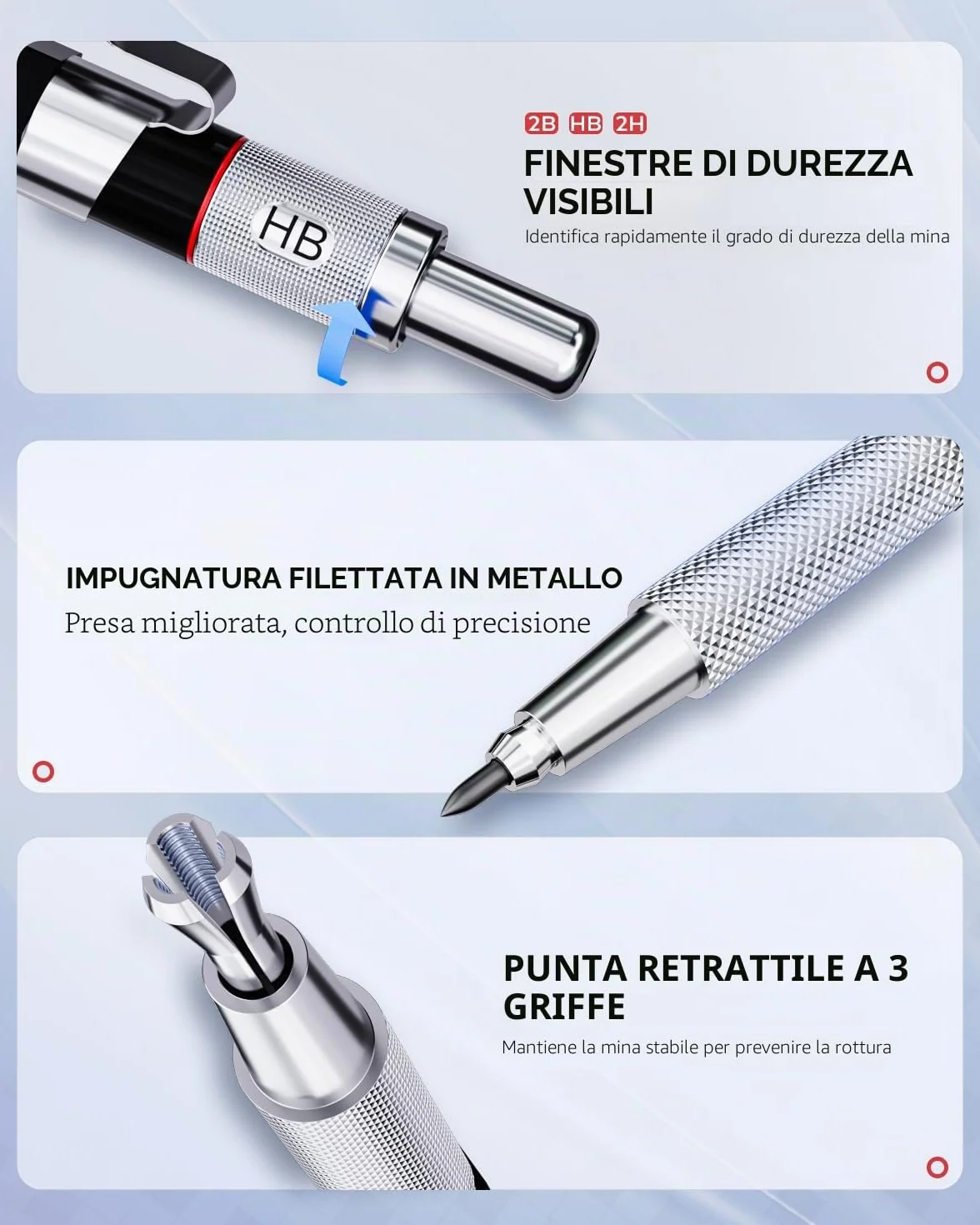 Nicpro 6 Pezzi Metallo Matite Meccaniche Set, 0,5 mm 0,7 mm 0,9 mm 2mm, Portamine con 12 Tubo Mine, Gomma, Temperamatite, Astuccio per Artista