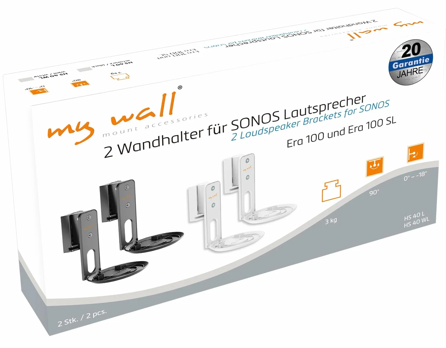 Sonos Era100 HS40WL Supporto da Parete 2 Pezzi Inclinabile Orientabile con Gestione Cavi