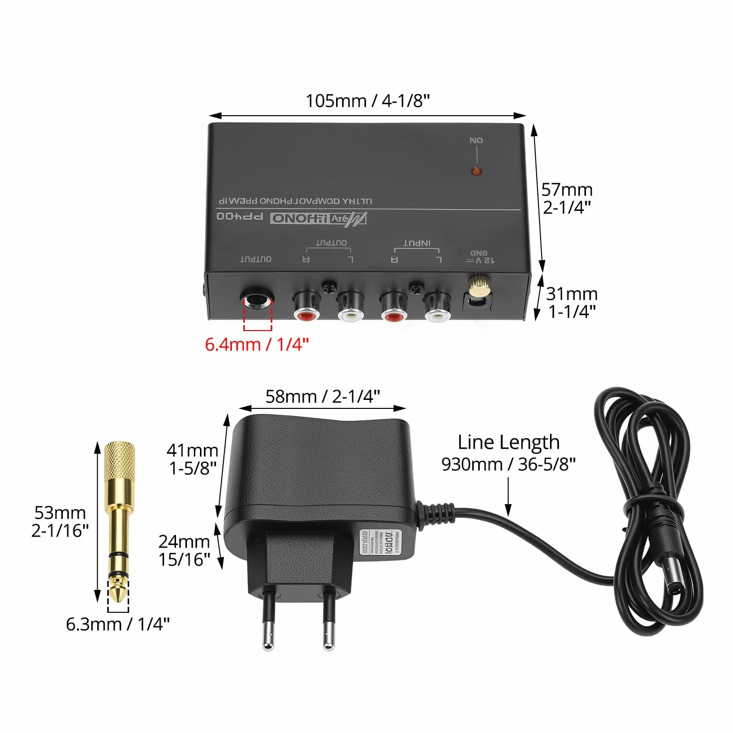 QWORK Preamplificatore phono stereo DC 12V uscita RCA 6.35