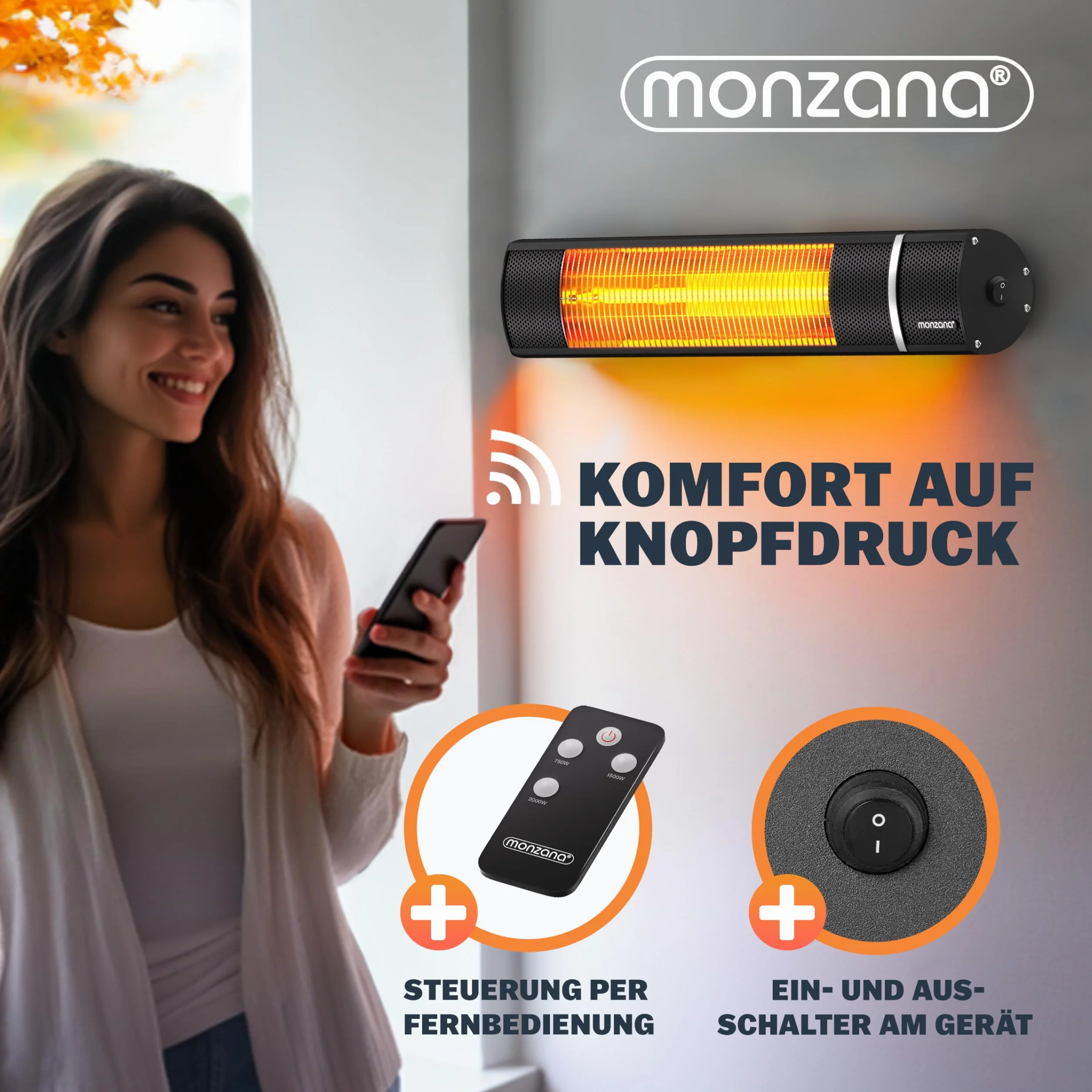 MONZANA Stufa Elettrica a Infrarossi 2000W 3 Livelli di Calore Telecomando Esterno