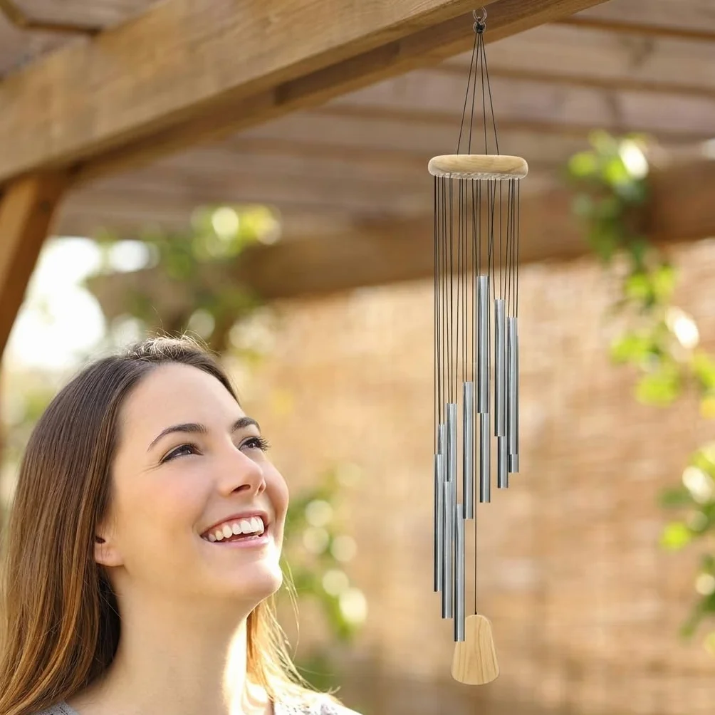 Campane eoliche, per esterni, con 12 tubi in alluminio, 23 pollici, per giardino, patio, decorazione per la casa, idea regalo (argento)