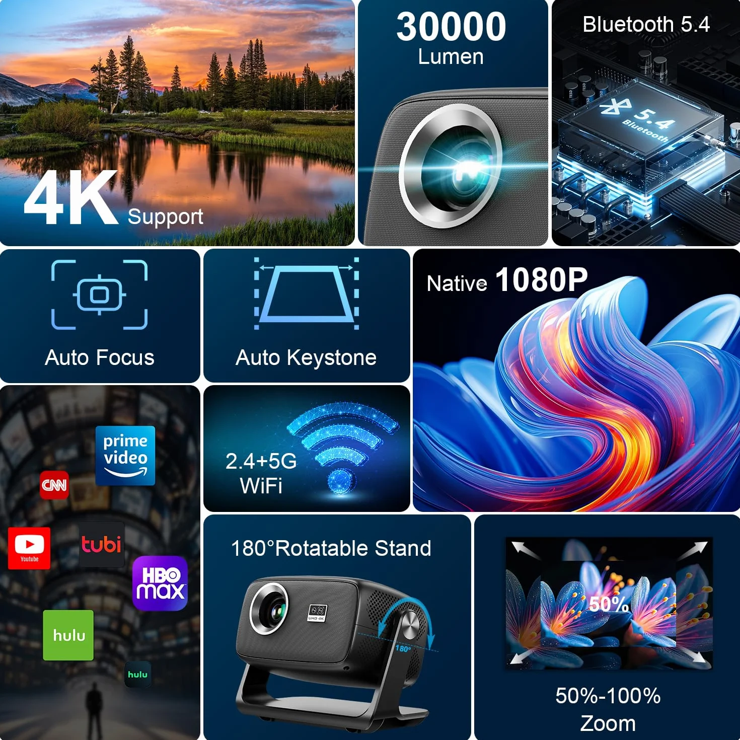Proiettore 4K 30000 Lumen Smart TV WiFi 6 Bluetooth 5.4 Autofocus Correzione Trapezoidale 6D Android 14 Videoproiettore