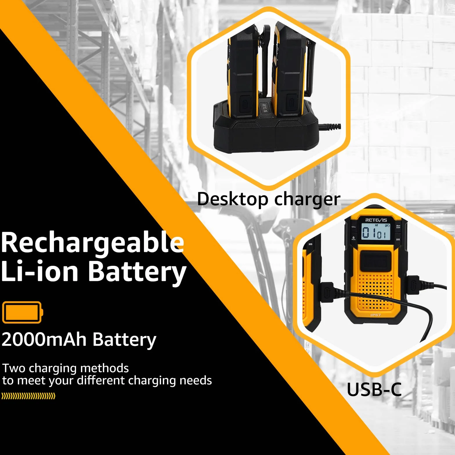 Retevis RB648 Walkie Talkie Robusto, Radio Bidirezionale Impermeabile IP67, 2000mAh Ricaricabile, Doppio PTT, 4 Pezzi Giallo