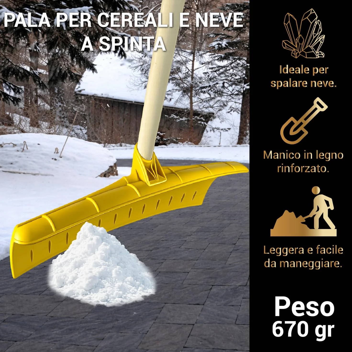 Crisalide® - Pala da Neve con Manico 130 cm in Legno di Faggio – Spingi Neve Multiuso 61 cm in Polipropilene PP, Peso 670 g – Pala Spingineve per Neve, Cereali, Ghiaia e Fango per Vialetti Cortili