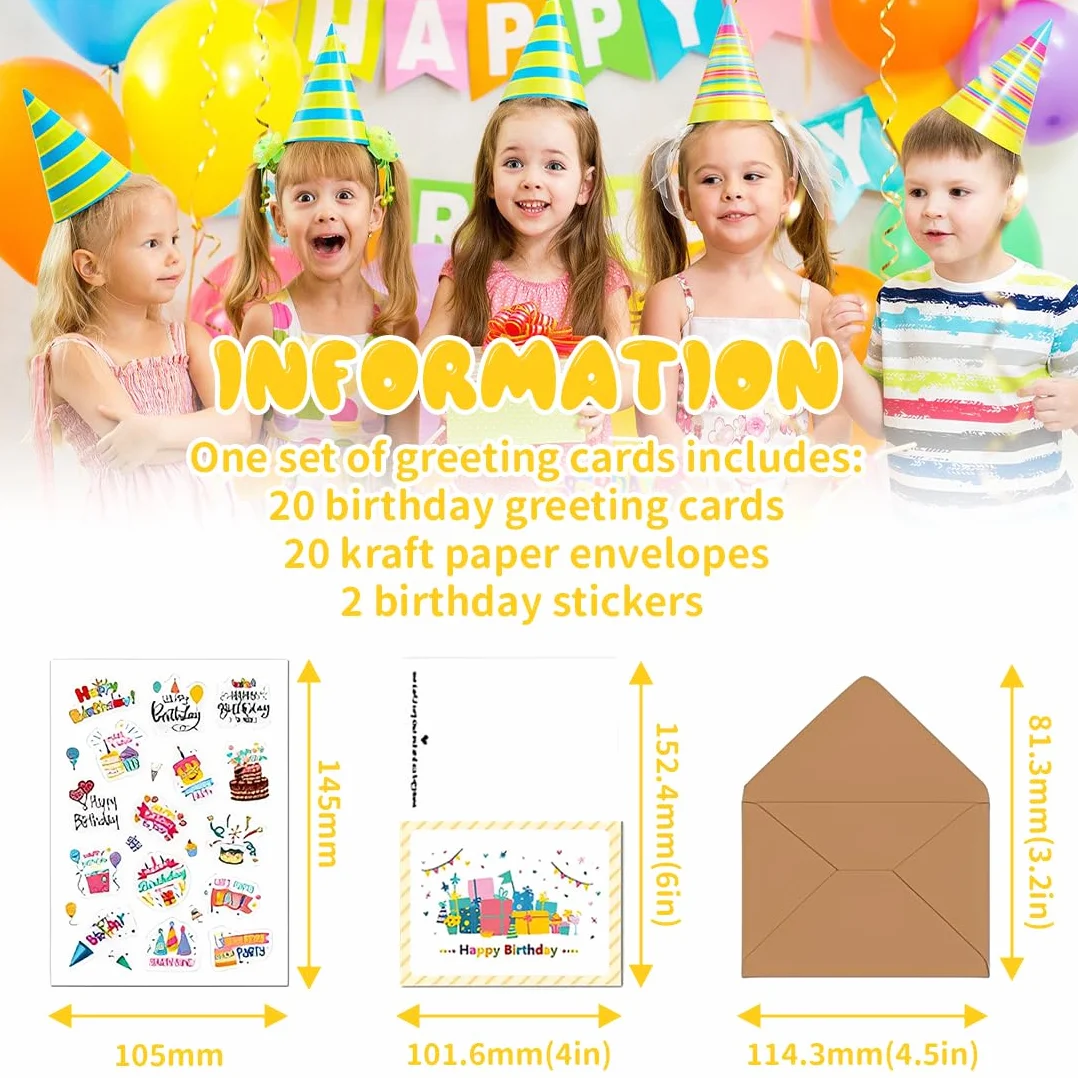 Biglietti Auguri Compleanno 20 Pezzi con Buste e Adesivi per Famiglia Bambini Amici