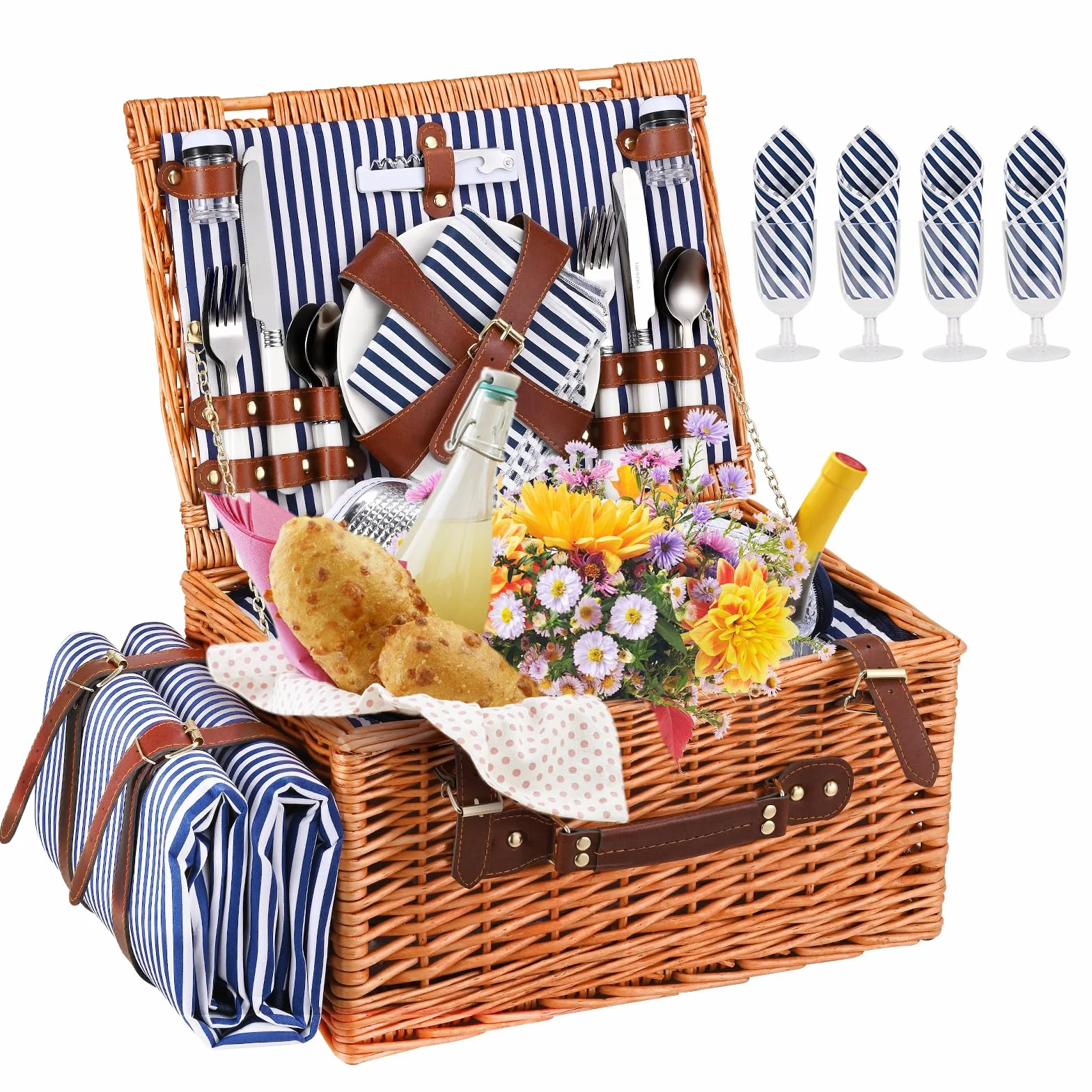 Cestino Picnic, Cesto Picnic Vimini con Scomparto Termico,Cestino Vimini con Coperta Impermeabile e Set di Posate, Set Pic Nic 4 Persone per Campeggio, Cestino Pic Nic(Blu)