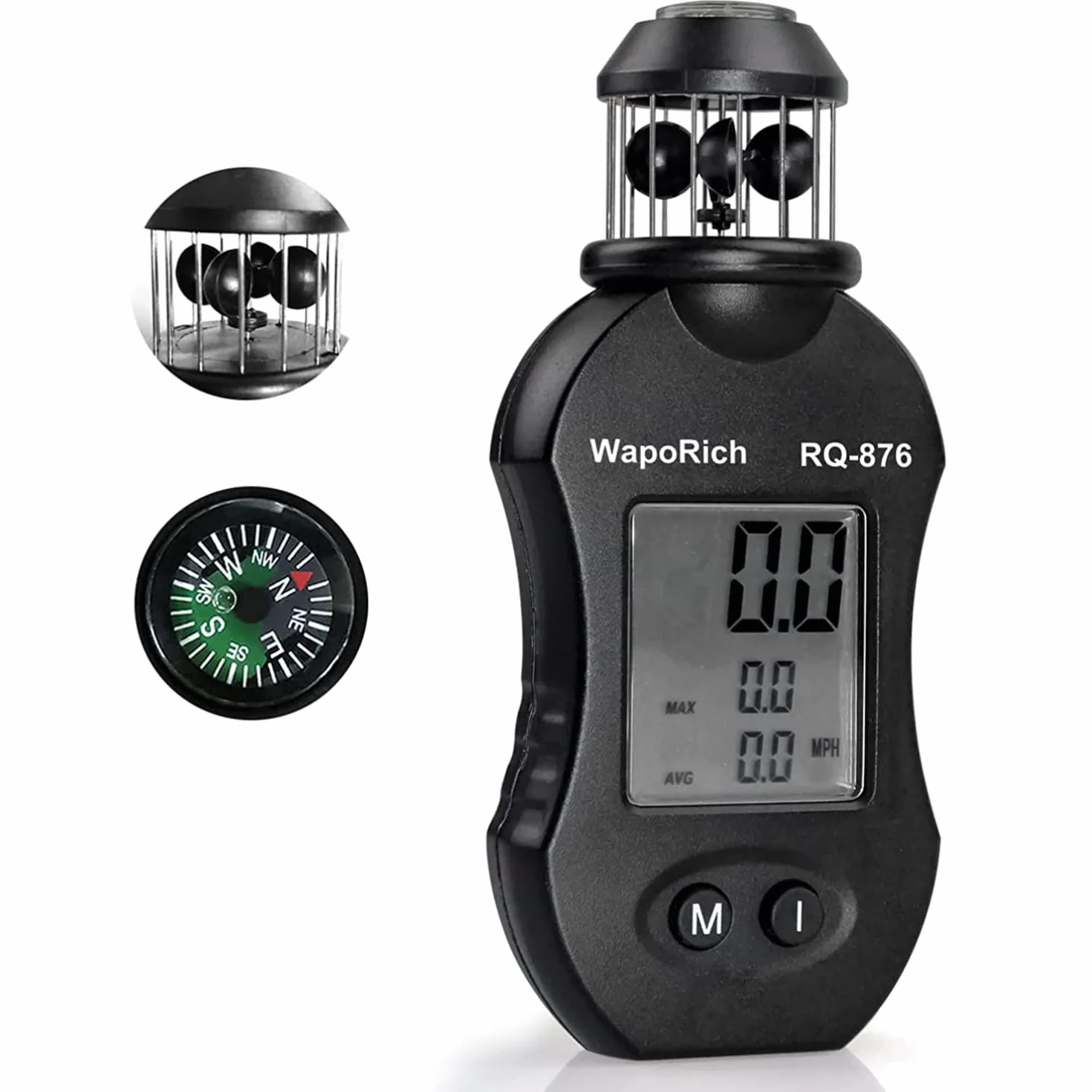 Anemometro a tazza a 360° portatile, WapoRich RQ-876 misuratore di velocità del vento con velocità del vento/temperatura del vento/test massimo/medio per HAVC, volo con drone, pesca, tiro
