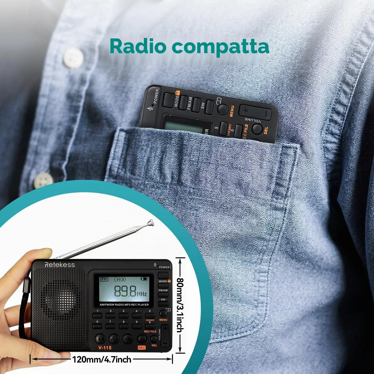 Retekess V115 Radio FM Portatile AM SW con Supporto USB AUX TF Batteria Ricaricabile Nero