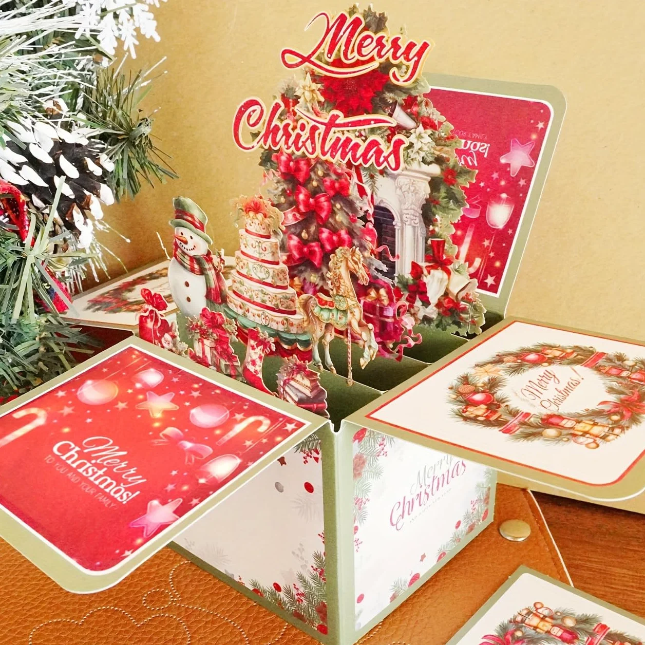Biglietto Auguri Natale Pop-Up 3D con Albero e Pupazzo di Neve, Busta Inclusa