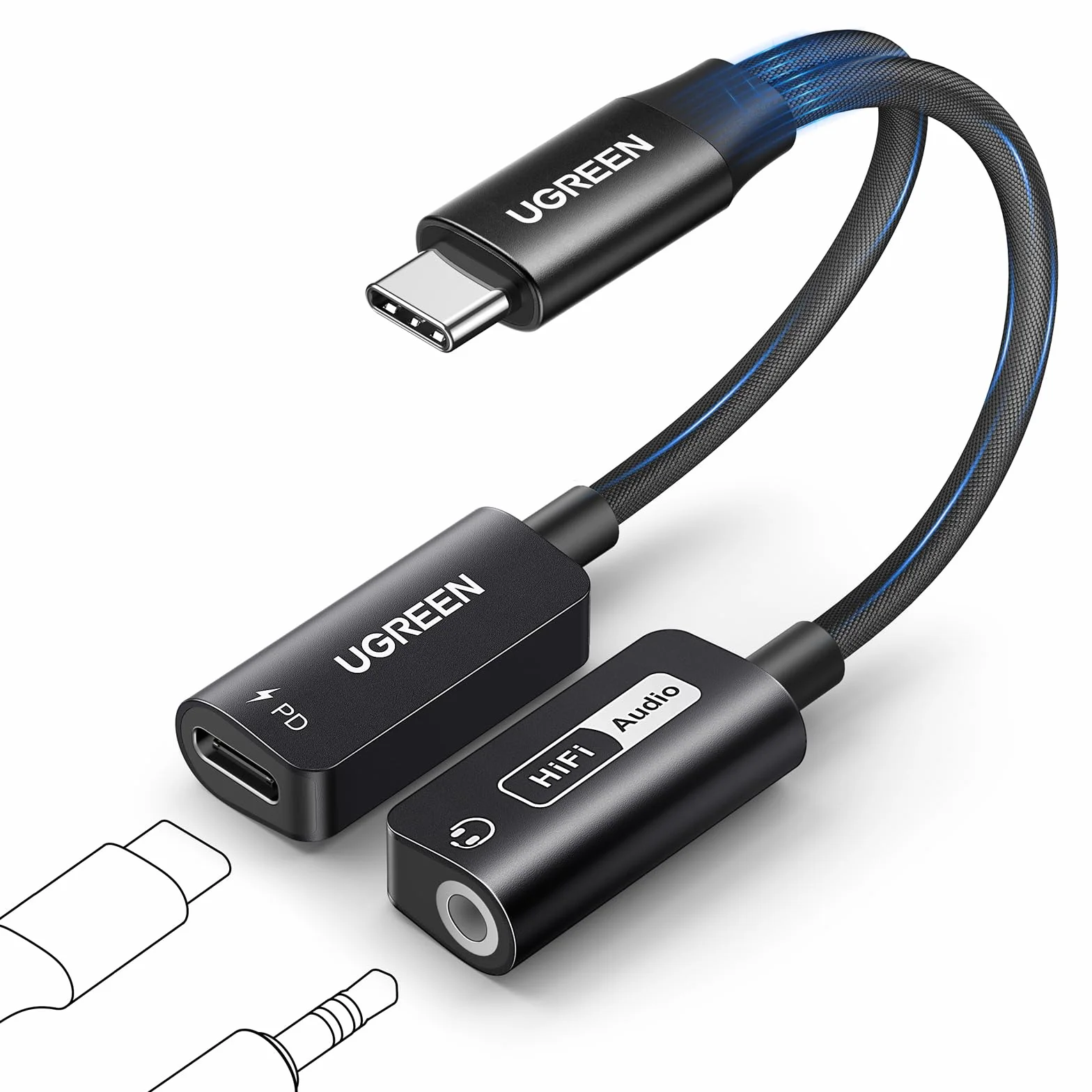 UGREEN Adattatore per Cuffie USB C a Jack 3.5mm PD 60W Magnetico 2 in 1 Hi-Res 32 Bit/384 KHz