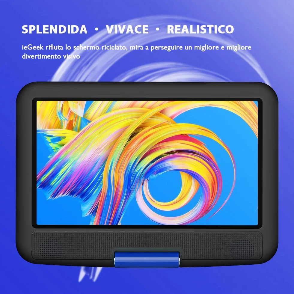 ieGeek 11.5" Lettore DVD portatile schermo girevole 360° LCD protezione occhi batteria ricaricabile 5 ore riproduzione loop Blu