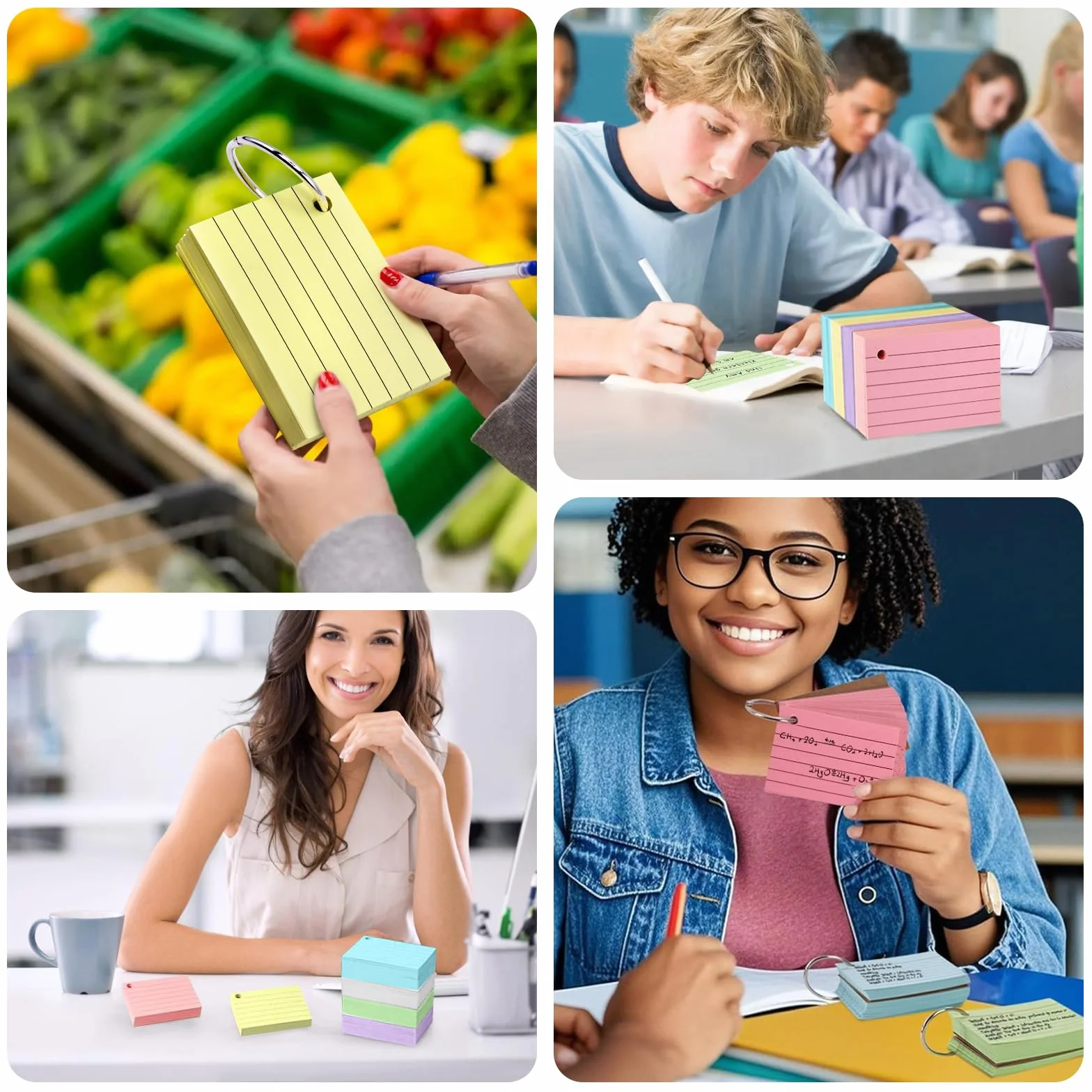 Flashcard A8 a Righe con Anello, 600 pezzi, Colori Intensi per Appunti Ufficio Scuola