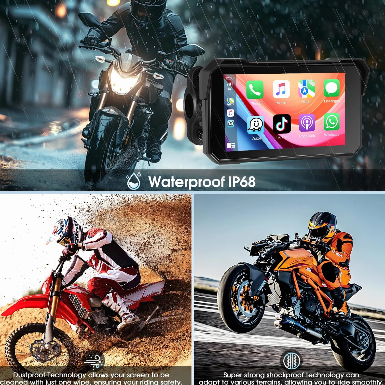 Navigatore Moto Wireless con Apple CarPlay Android Auto, IP68, Touchscreen 5 Pollici HD, GPS, Bluetooth 5.0