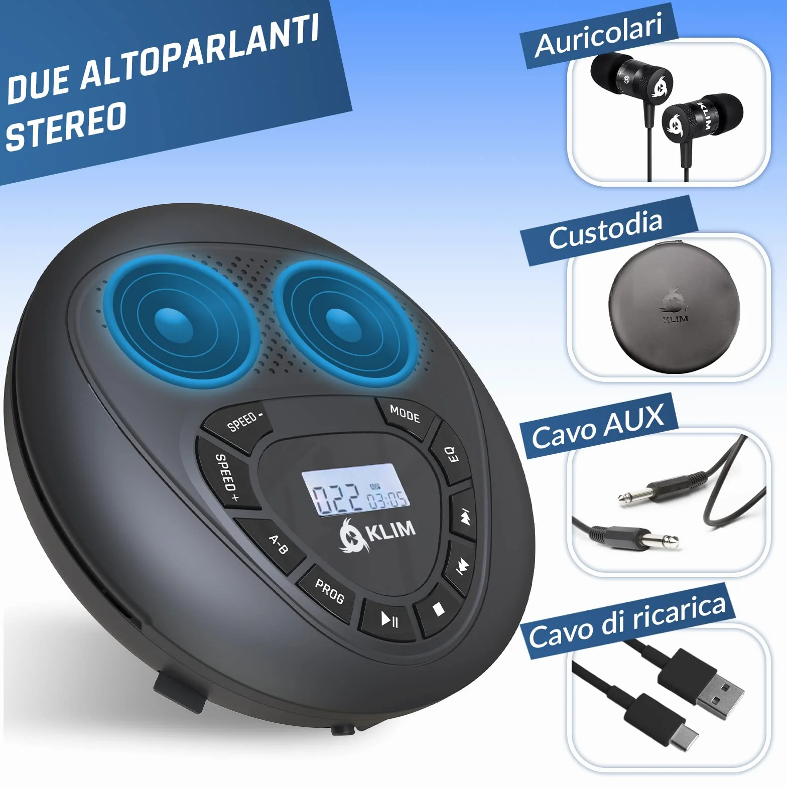Lettore CD Portatile Stereo con Altoparlanti, Batteria Ricaricabile, microSD, AUX per Auto