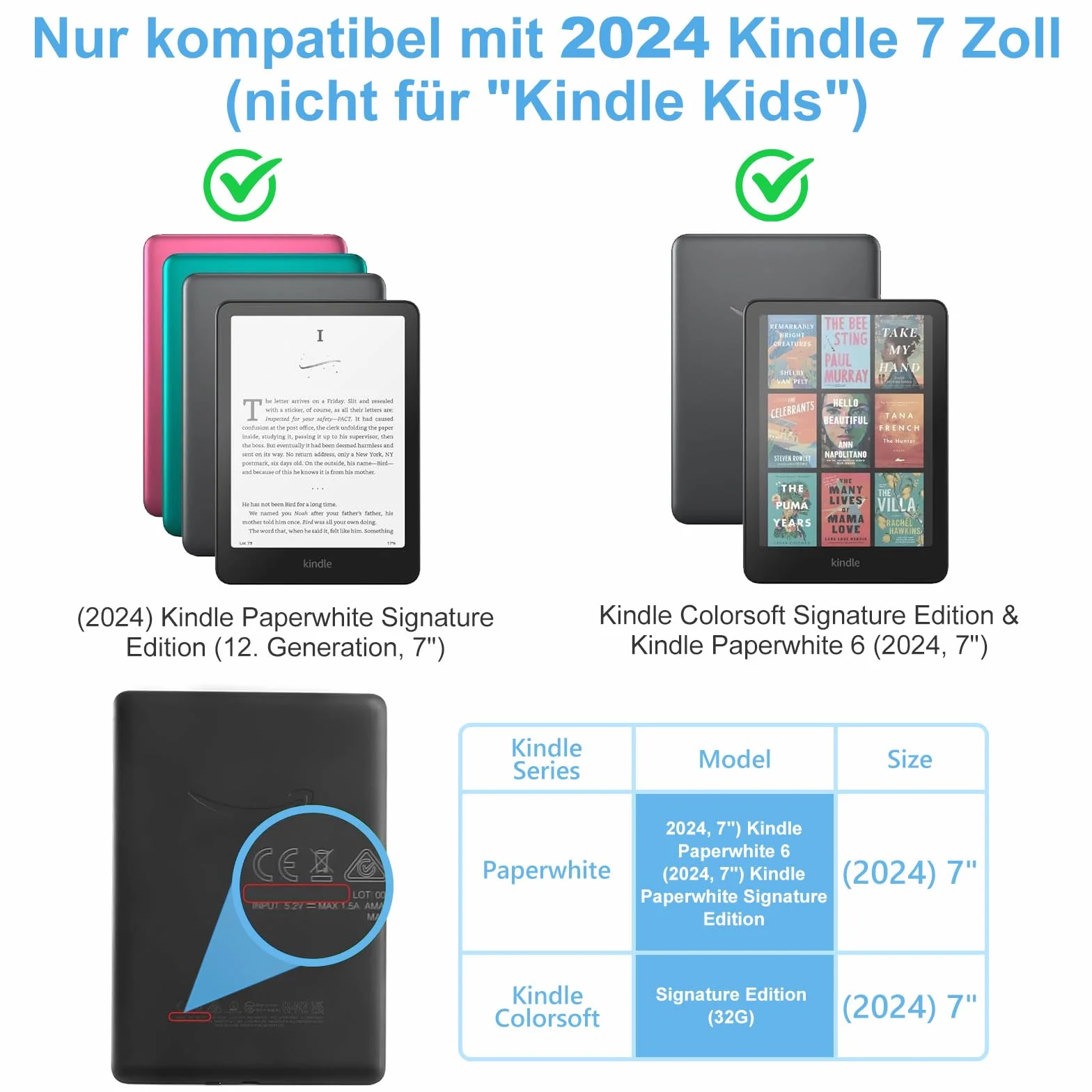 Custodia in pelle PU per Kindle Paperwhite 2024 (12° generazione) con scomparto carte di credito, blu
