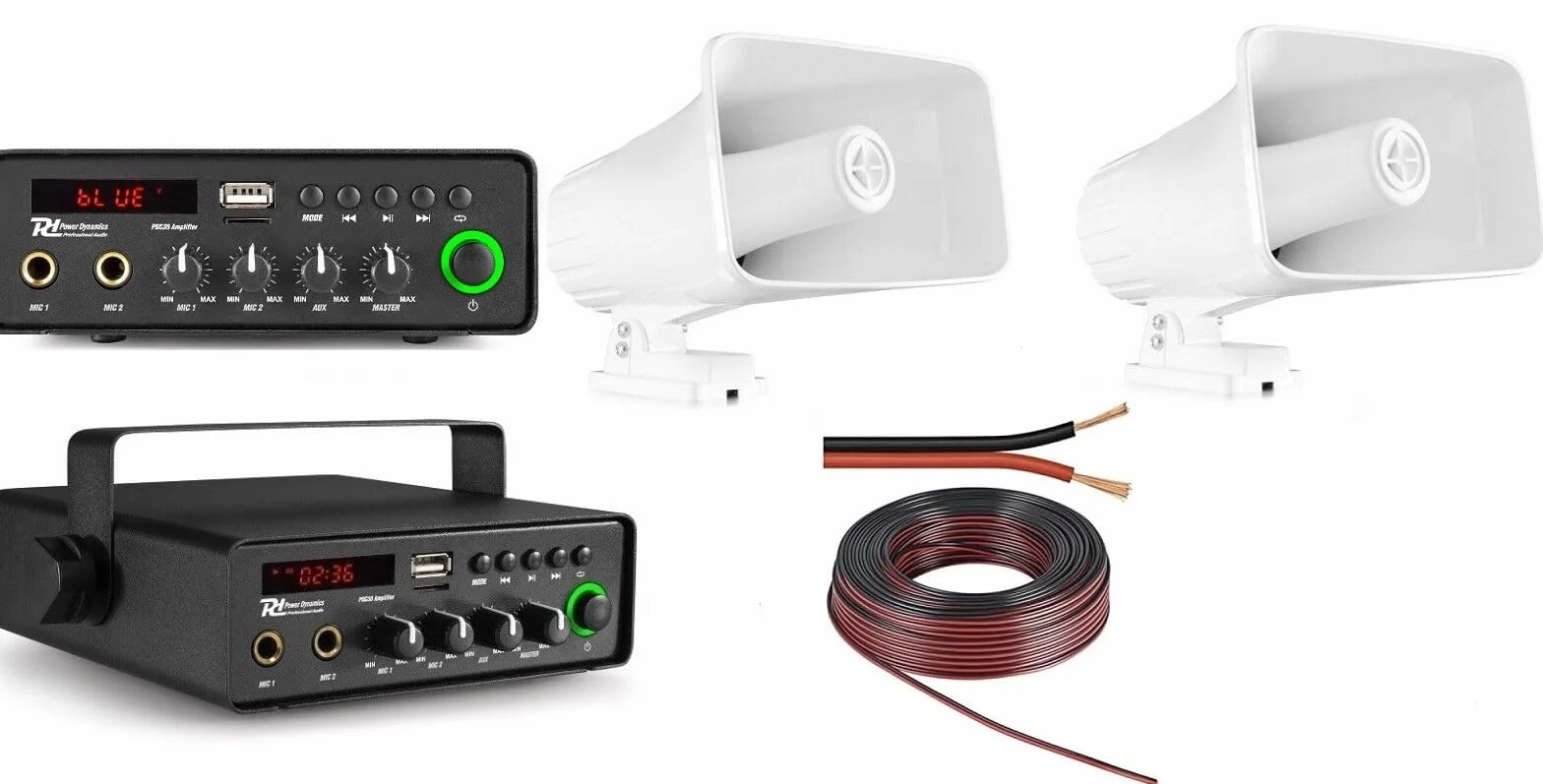 Kit Audio Megafono Filodiffusione all'Aperto 12V 220V 2 Altoparlanti Amplificatore Bluetooth per Esterno