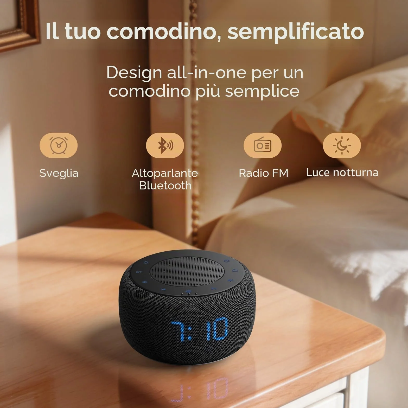 DOUMOSH Radiosveglia con Bluetooth, sveglia digitale con display dimmerabile 0-100%, luce notturna colorata per camera da letto