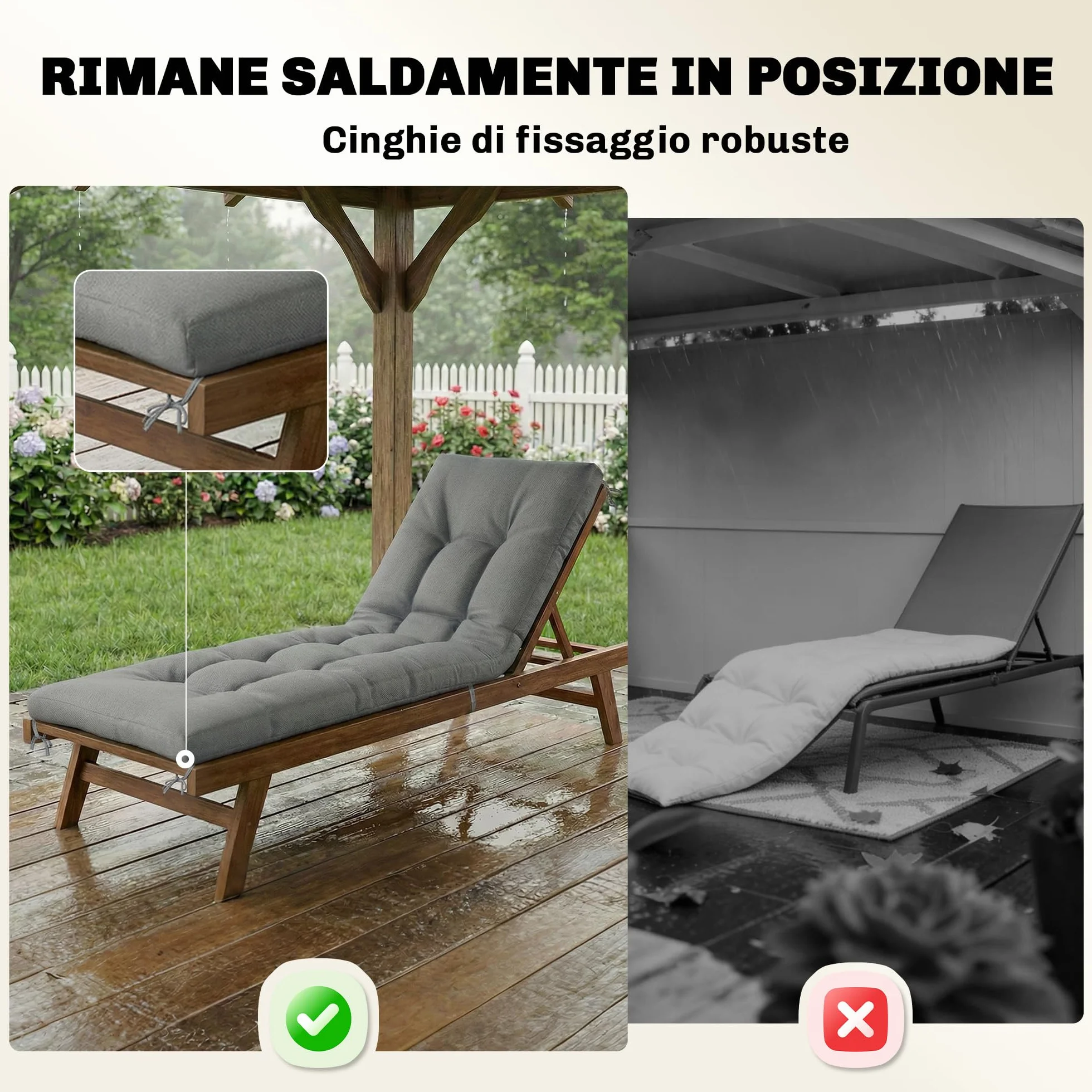 Outsunny Cuscino per Poltrona da Patio, UV50+ con Cinghie di Fissaggio, 198x65x13 cm, Grigio Chiaro