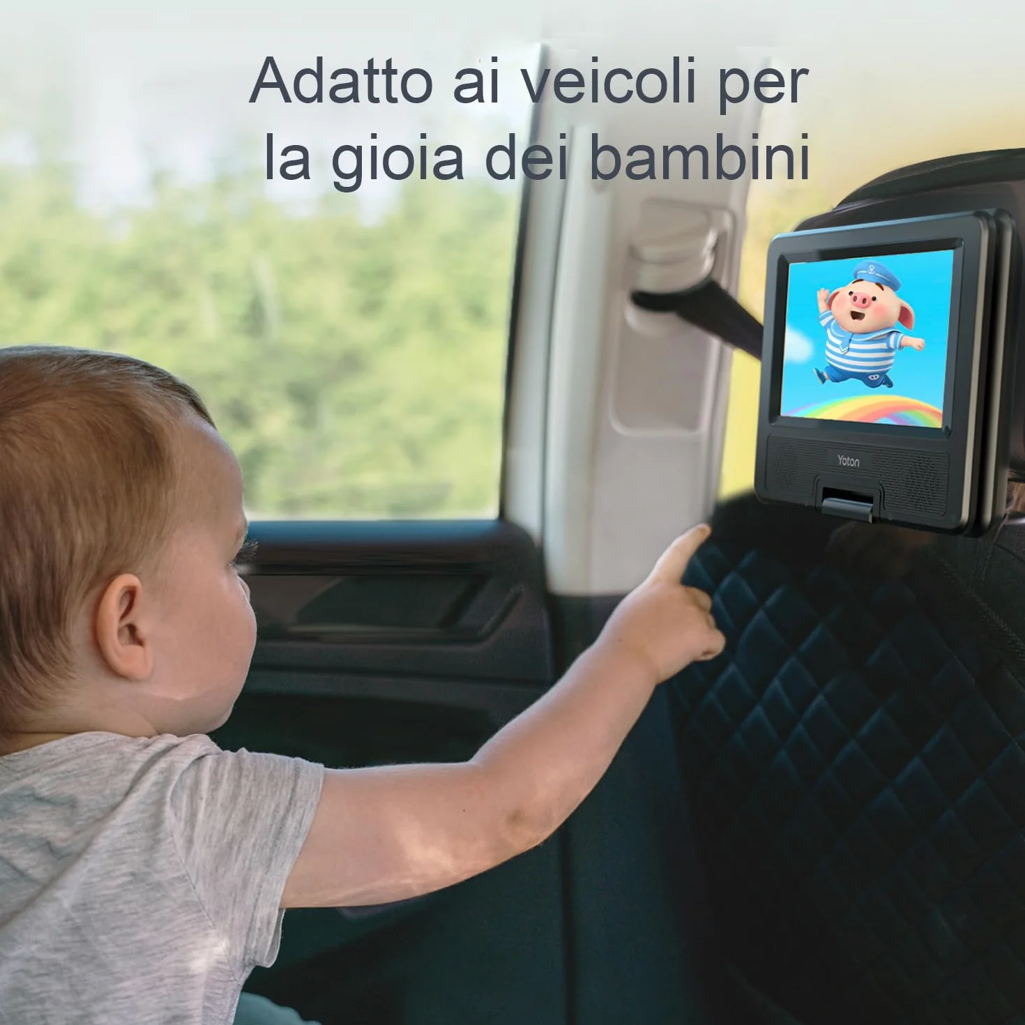 Yoton Lettore DVD Portatile 9,5" HD Schermo Girevole 7,5" Batteria 6 Ore Senza Regione Altoparlanti Potenziati Multiformato Dischi SD USB Sync TV Proiettore