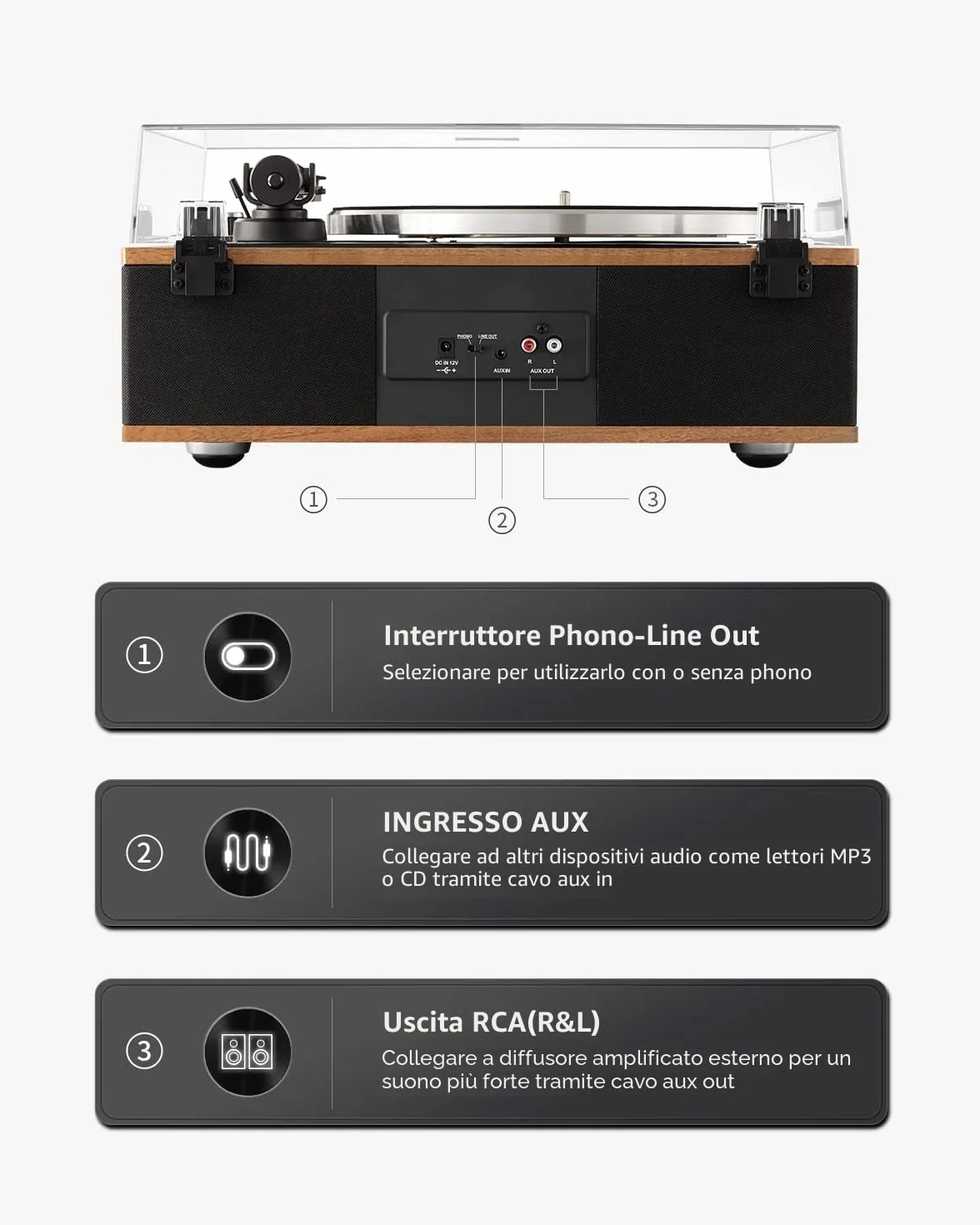 ANGELS HORN Giradischi in vinile Bluetooth HiFi con altoparlanti e preamplificatore Phono integrato 33/45 giri/min pickup AT-3600L