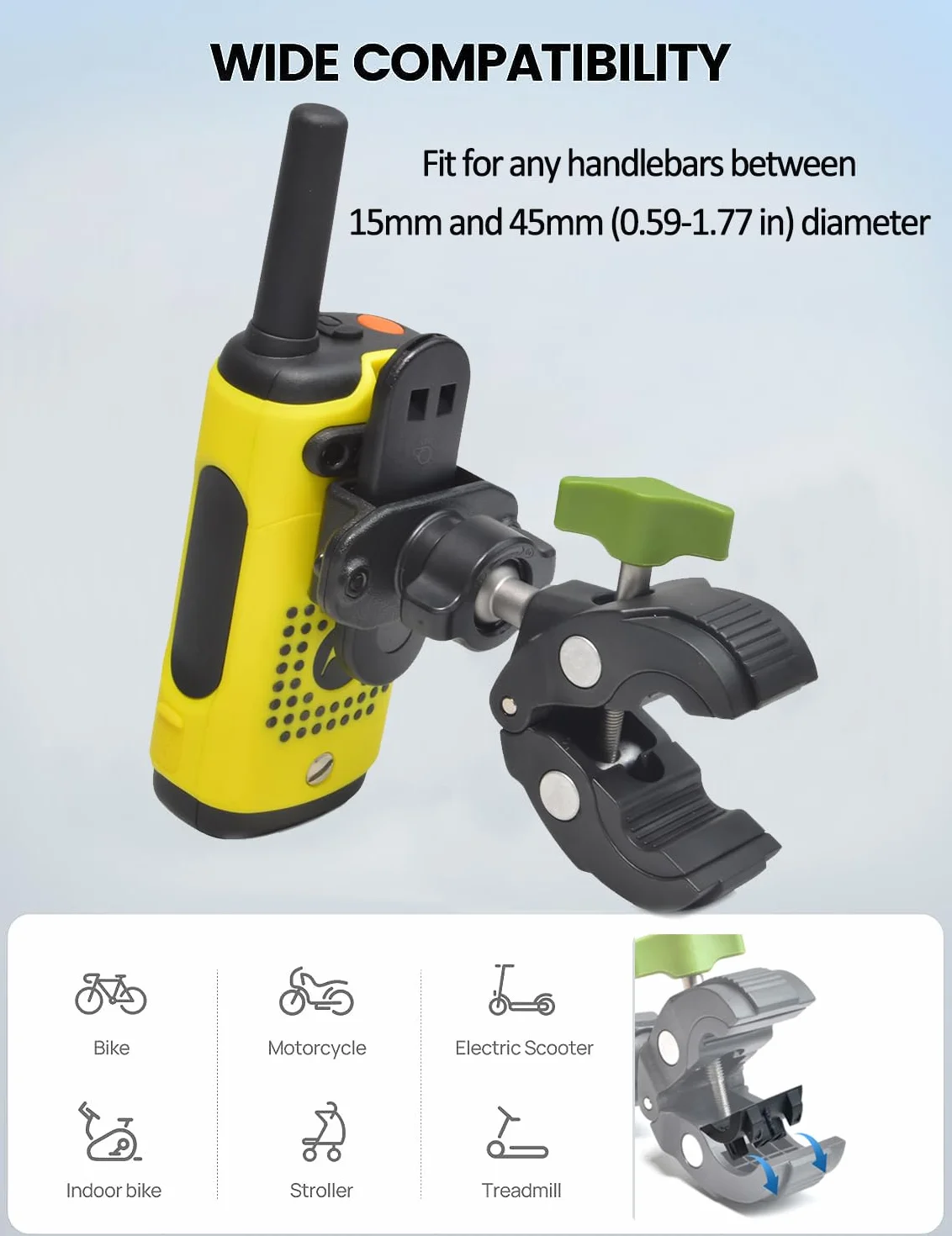 Motorola Cobra Midland Icom Z-2 Supporto bidirezionale per walkie talkie, clip per manubrio bicicletta motocicletta morsetto radio portatile
