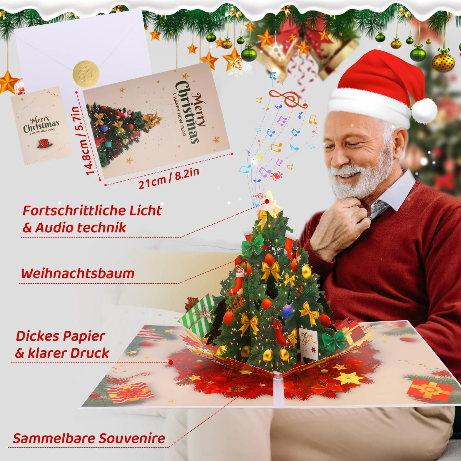 Biglietto di Natale Pop-Up 3D con Musica e Luce per Bambini, Regalo per Donne e Uomini