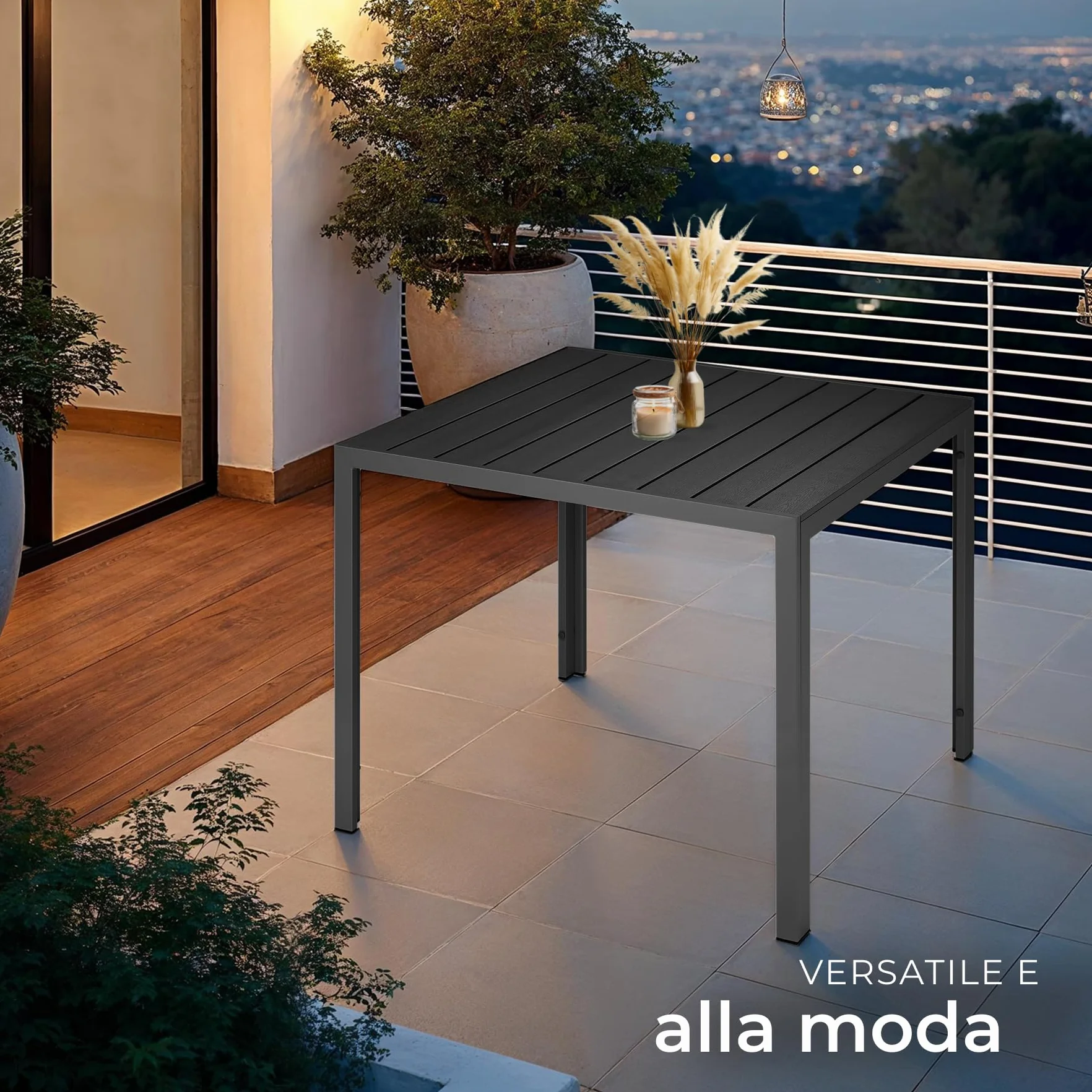 tectake®, Tavolo da Giardino in Alluminio, Tavolo da Esterno, Tavolino da Balcone, Effetto Legno, Regolabile, Resistente Intemperie, Ideale come Arredamento per Terrazzo, 90x90x74,5cm - nero