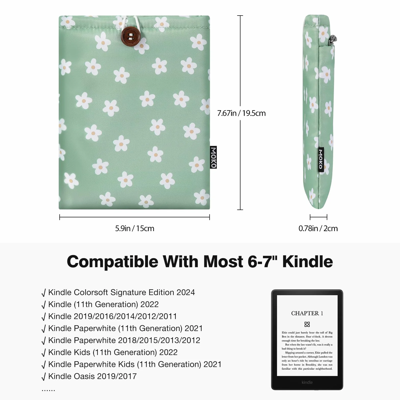 MoKo Fiori Verdi Imbottito Sleeve Pouch per Kindle Colorsoft Paperwhite 12° Gen 2024 Oasis Voyage Kobo eReader 6-7 Pollici