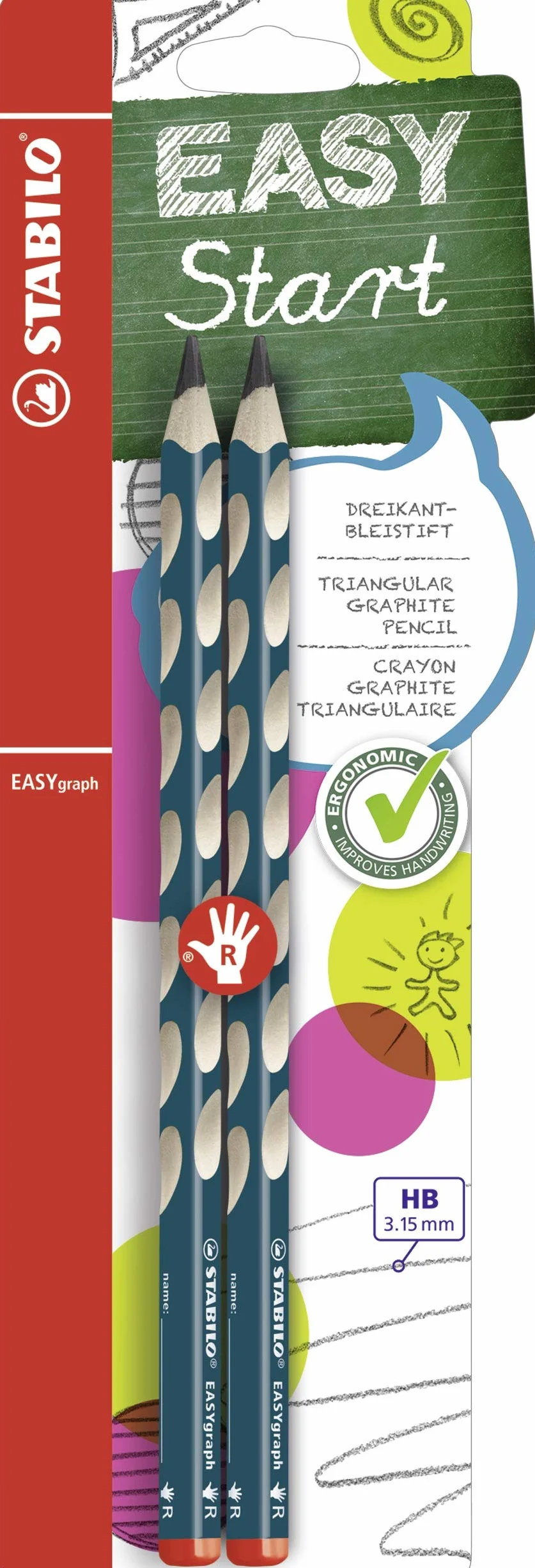 STABILO EASYgraph Matita Ergonomica Triangolare per Destrimani Petrolio HB Pack da 2