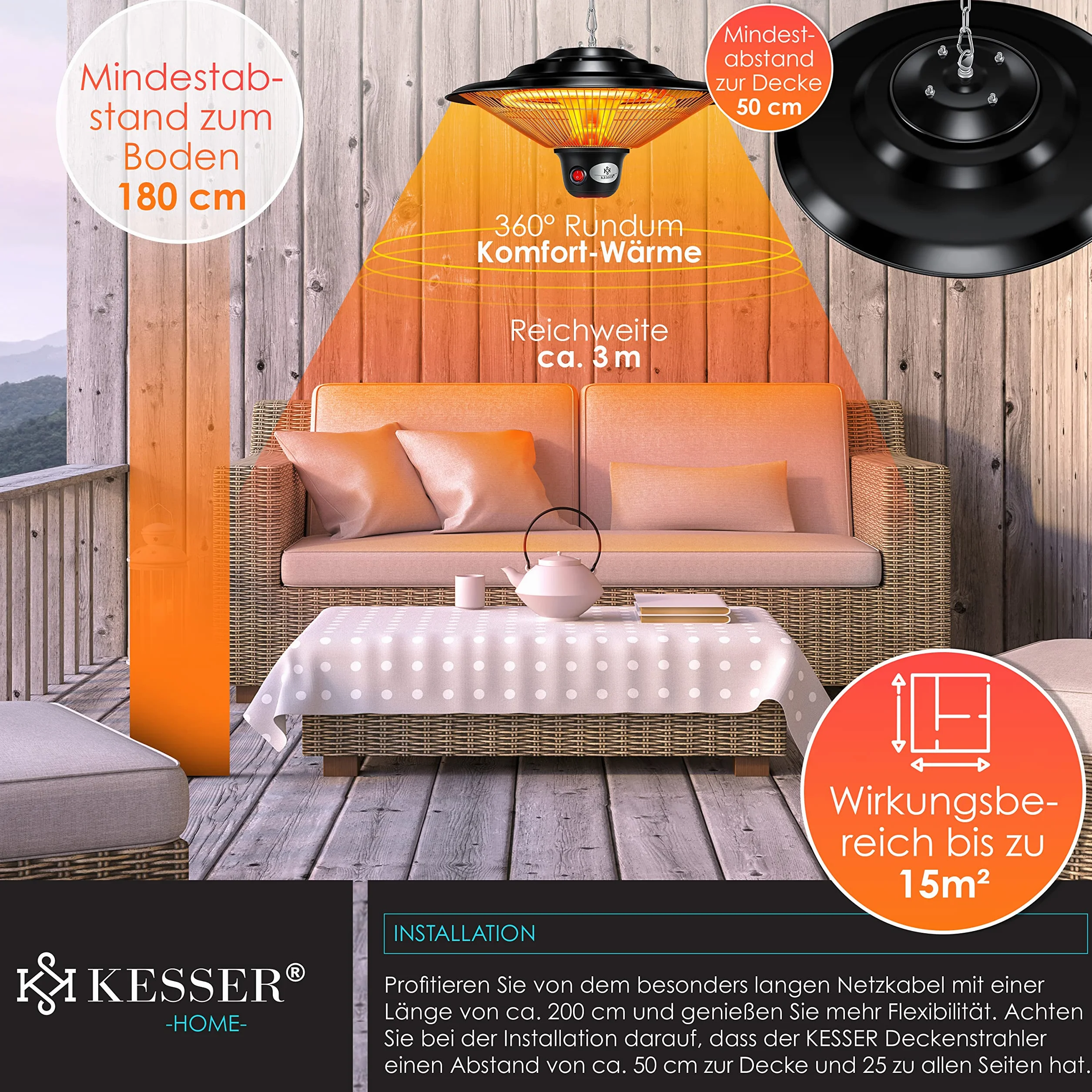 KESSER® Riscaldatore radiante a soffitto con telecomando, Riscaldatore per patio, infrarosso, riscaldatore, radiatore a infrarossi, radiatore di calore, patio, radiatore al quarzo, potenza: 1500W