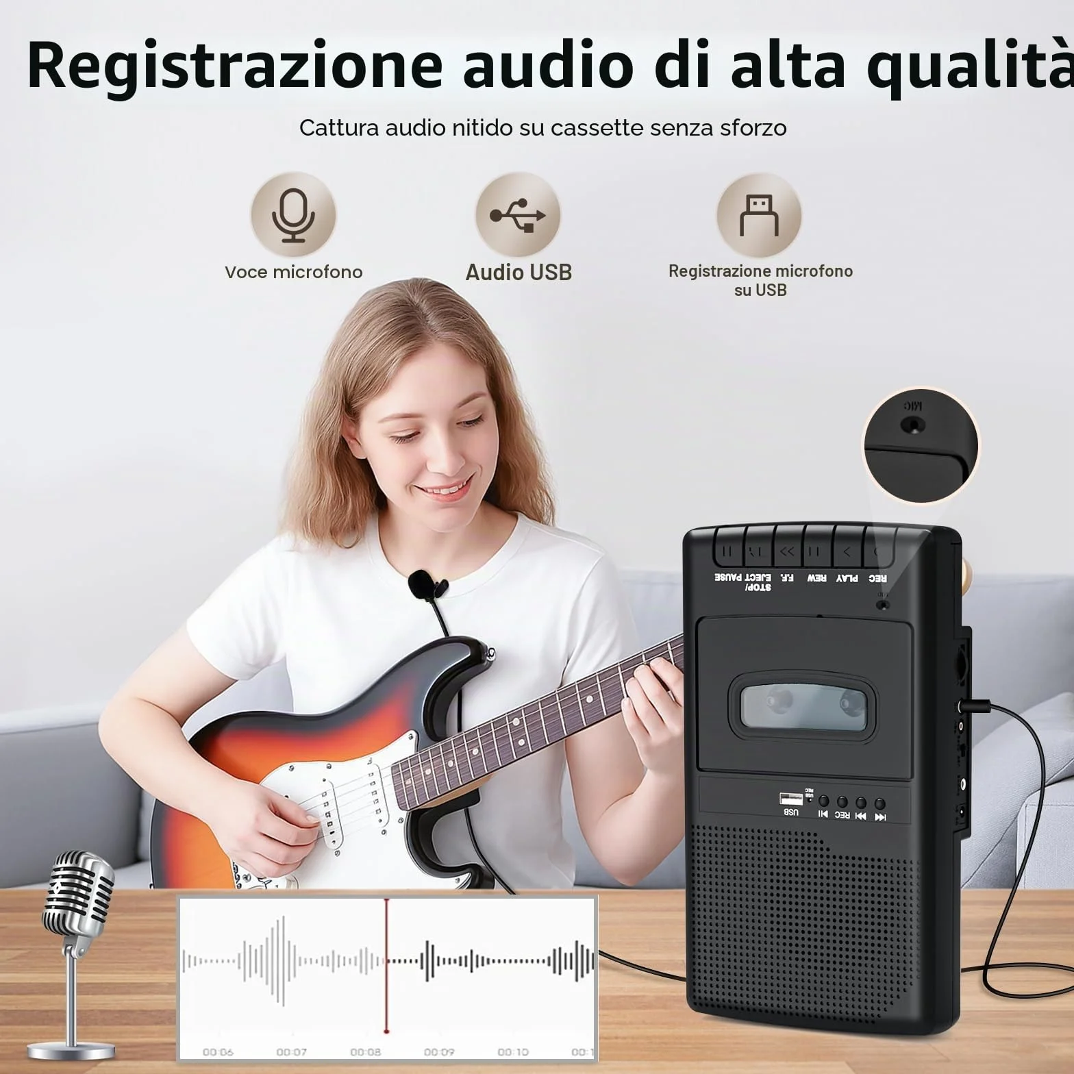 Lettore di Cassette Shoebox Portatile con Convertitore USB Digitale, Microfono e Altoparlante