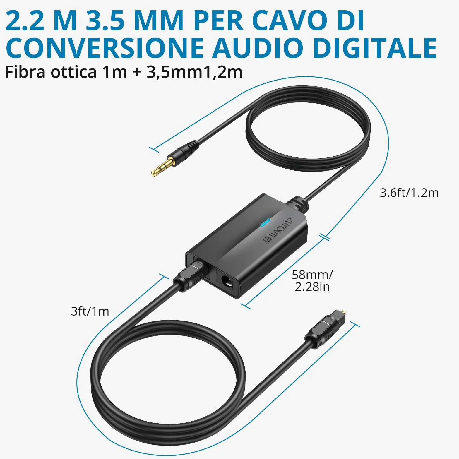 AUTOUTLET Convertitore Audio Analogico Digitale 3,5 mm a Toslink SPDIF con Cavo Audio 3,5 mm e Cavo Ottico 1m per TV Computer