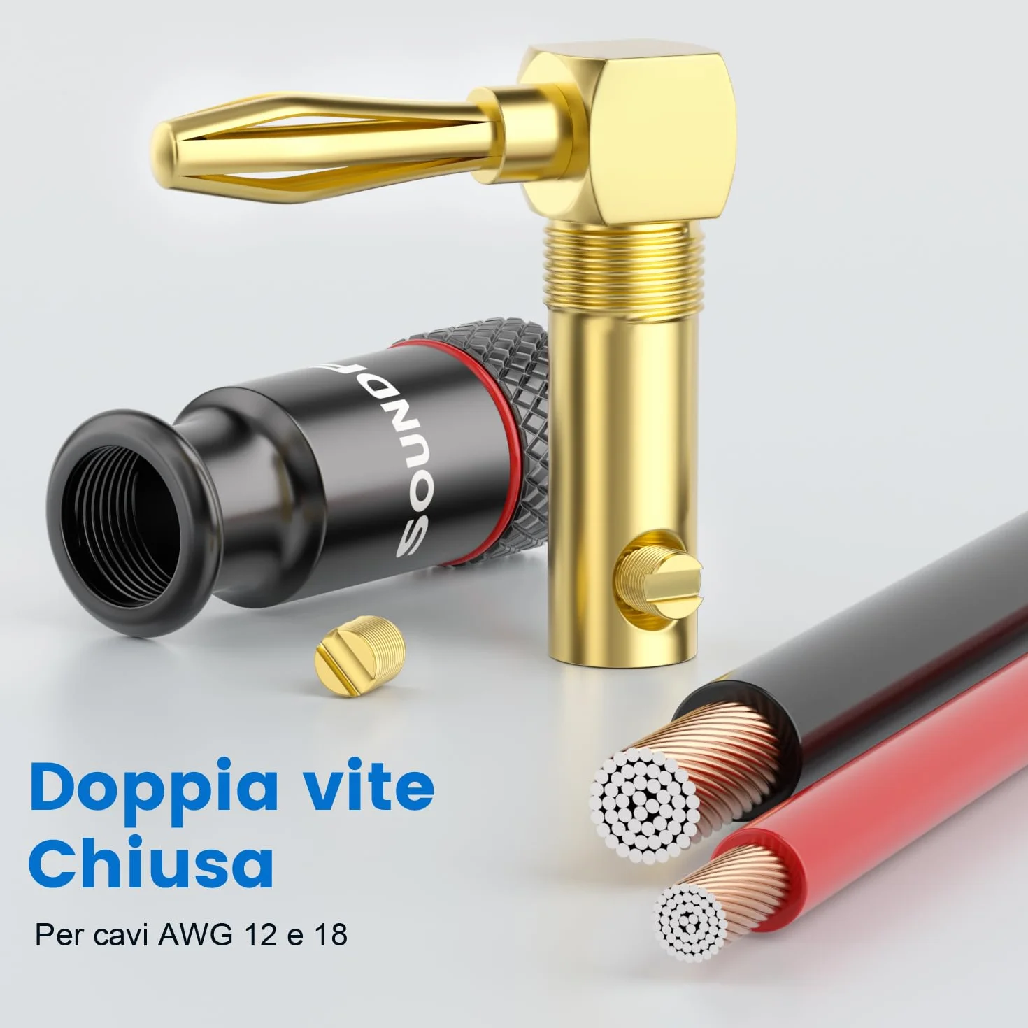 Connettori Banana Angolo 90° Placcati Oro 24K per Cavi Altoparlante 4pz (2 coppie)