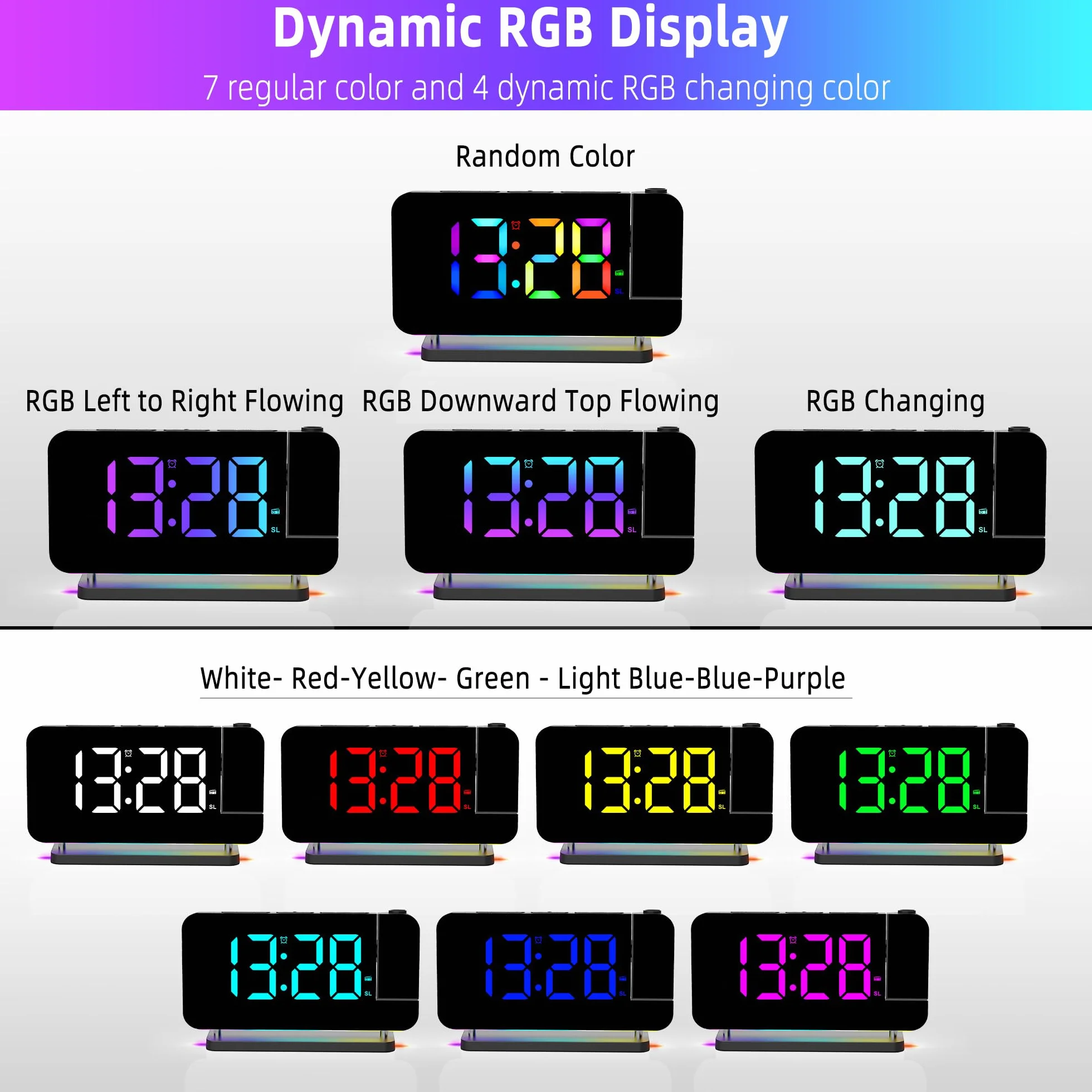 Sveglia Proiezione Specchio 11 RGB 10 Colori Luce Notturna LED Orologio da Scrivania