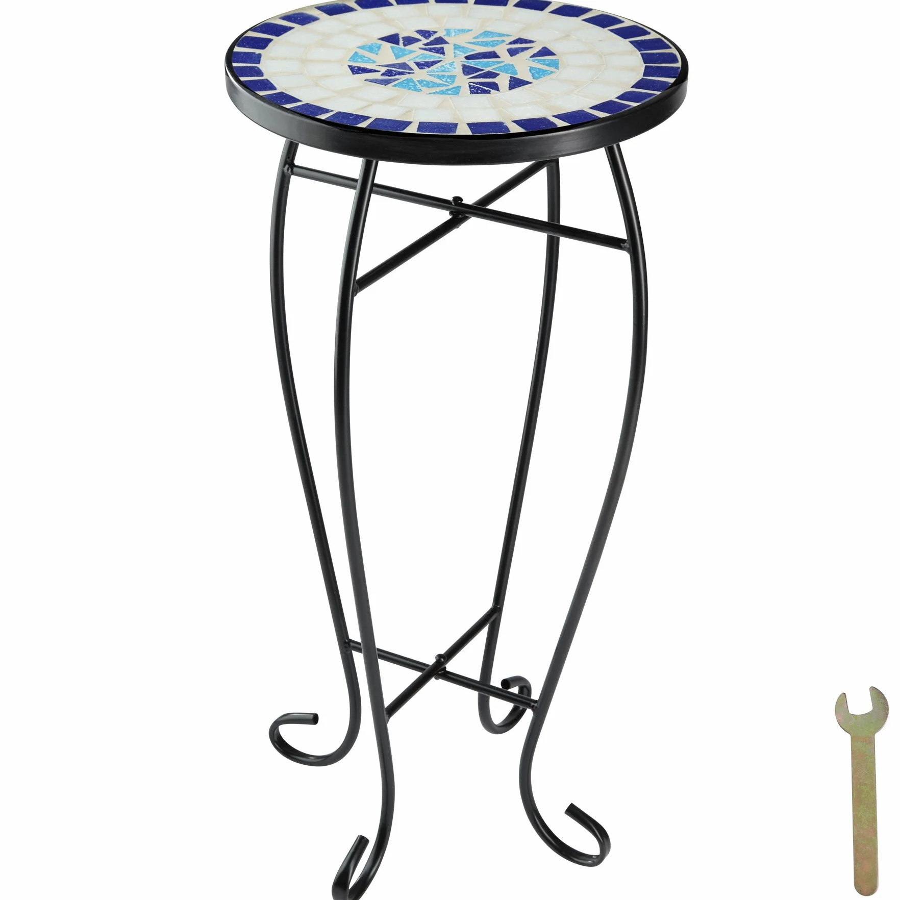 tectake Tavolo da Esterno 30x30x61,5 cm Mosaico di Pietra Gambe Arcuate Tavolo Rotondo per Giardino Terrazzo Balcone Bianco Blu