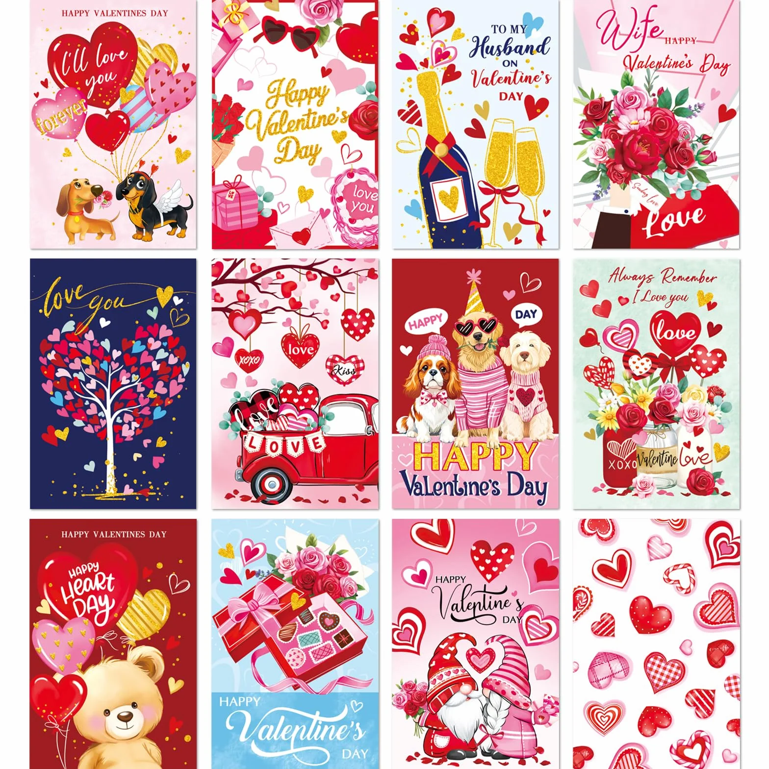 48 Biglietti di San Valentino 12 Design Unici con Adesivi e Buste Rosa 4x6in Cartolina per Marito Moglie Famiglia
