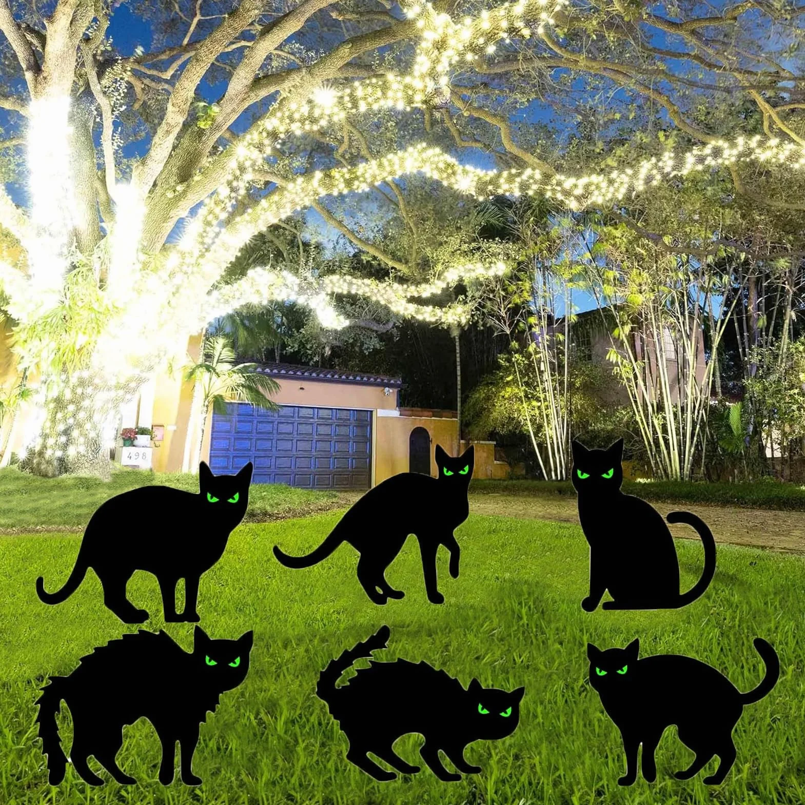 6 Cartelli da Cortile a Forma di Gatto Nero, Spaventapasseri Gatti Occhi Luminosi con Paletti, Paletto da Giardino Per Gatti Per Cortile, Patio Decorazione di Decorazioni di Halloween Per Esterni
