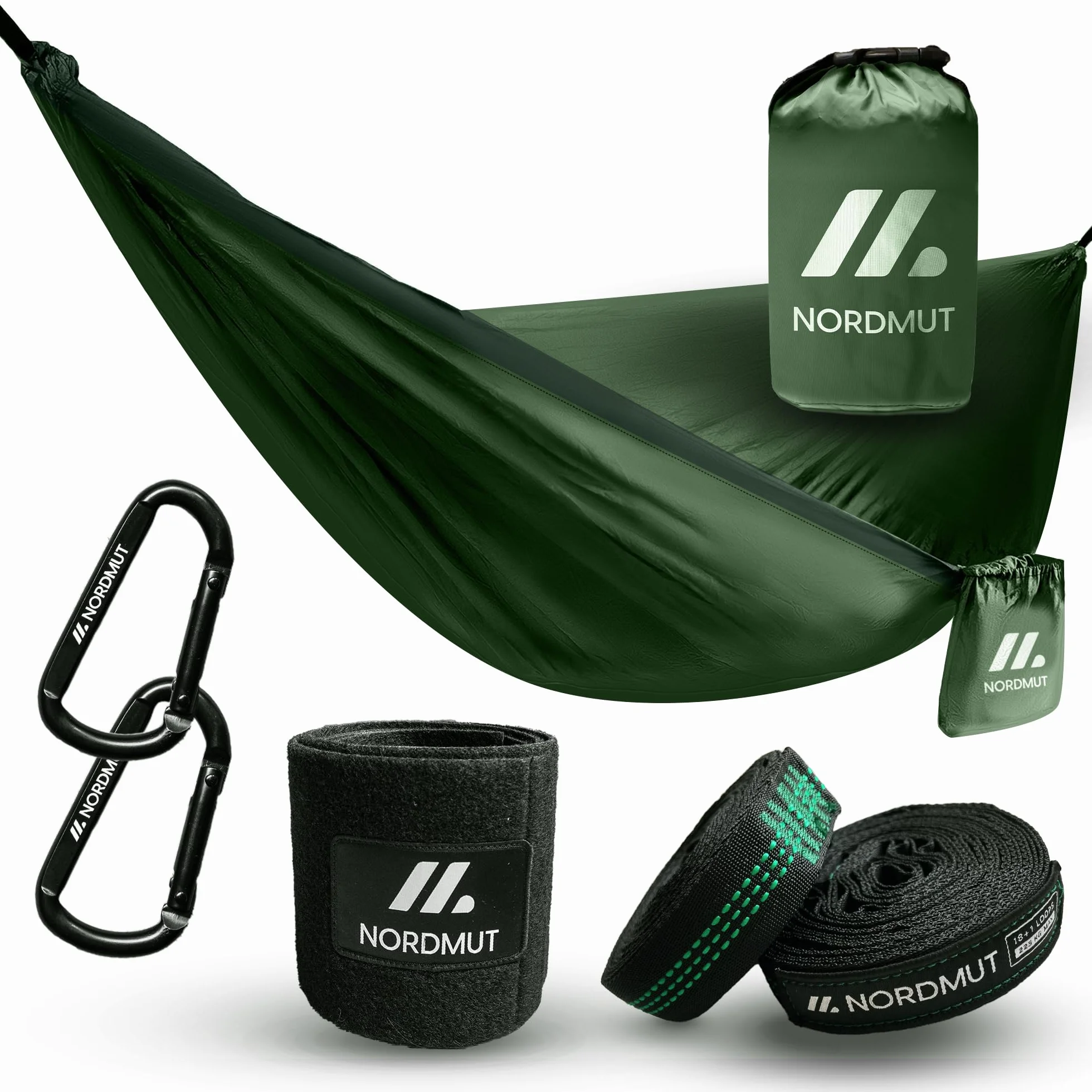 NORDMUT Amaca Ultralight Outdoor Set di Fissaggio – Amaca da Campeggio con Protezione Alberi – Portata 300 kg Verde 140x275 cm
