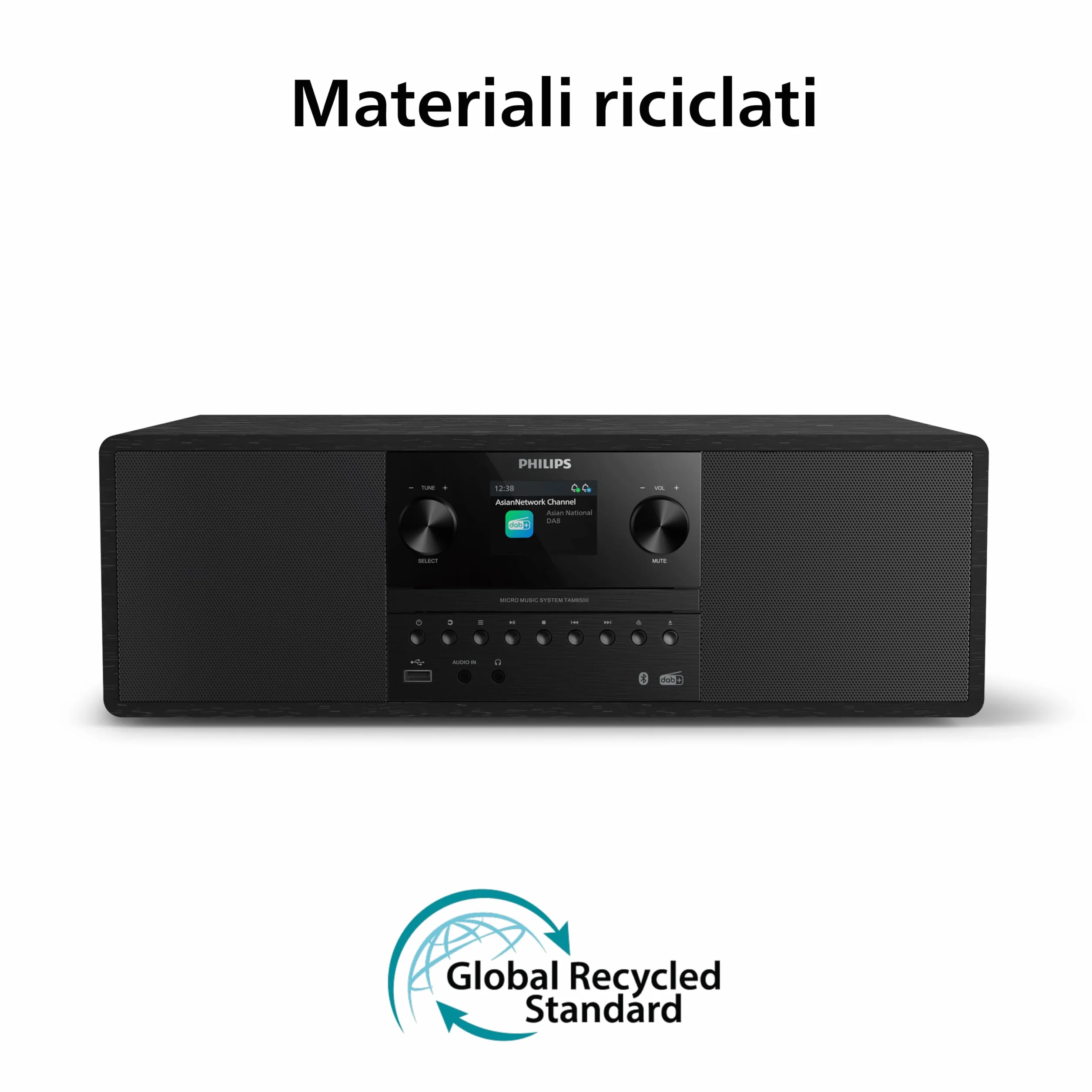 Philips TAM6500/10 Sistema musicale micro 100 Watt Bluetooth 6.0 Auracast Radio DAB+/FM CD USB Ingresso audio Altoparlanti Bass‑Reflex Display a colori Telecomando Plastica riciclata Nero